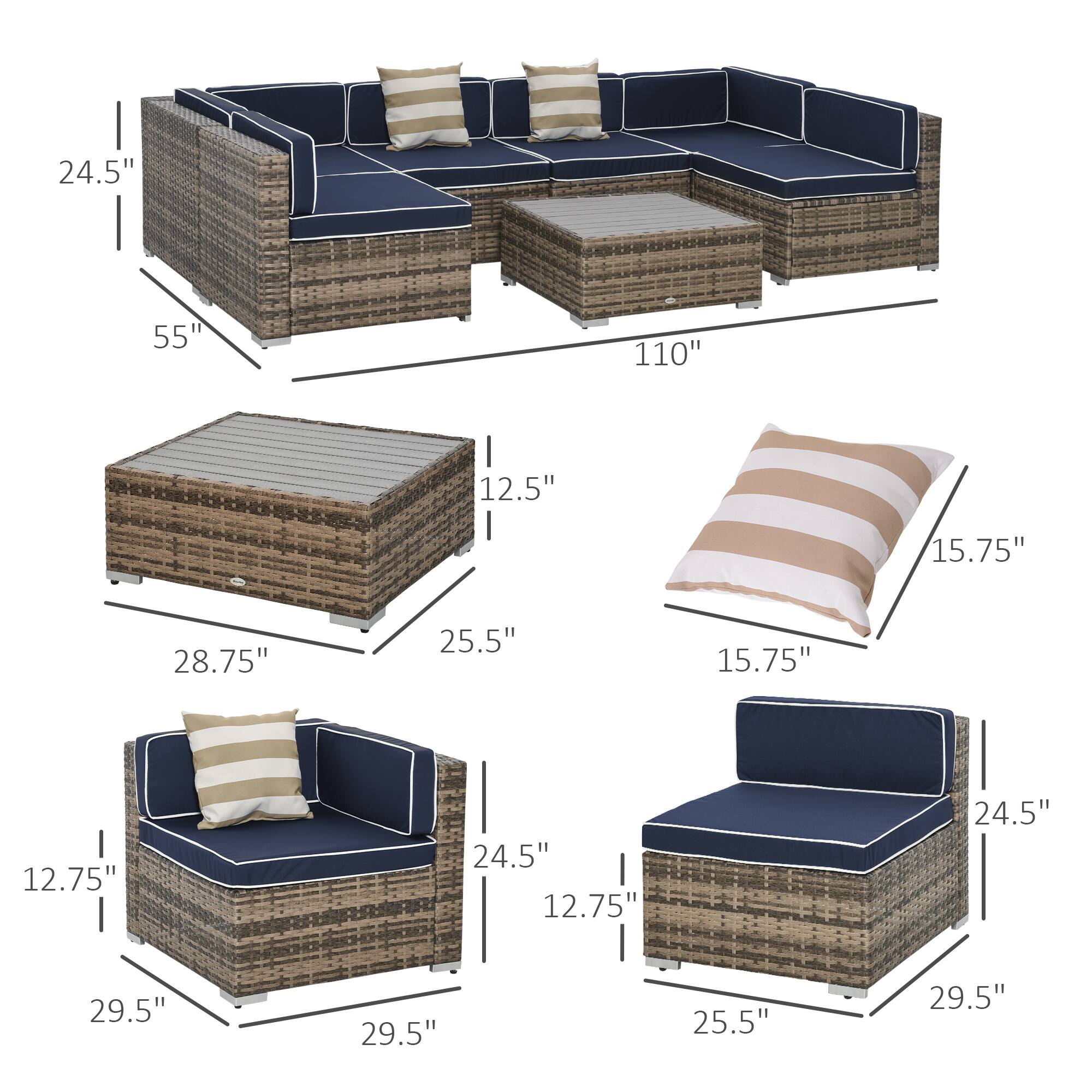 Sure, here is the corrected and grouped text from the image:

- **Dimensions of the Sofa:**
  - Width: 110"
  - Depth: 55"
  - Height: 24.5"

- **Dimensions of the Coffee Table:**
  - Width: 28.75"
  - Depth: 25.5"
  - Height: 12.5"

- **Dimensions of the Cushion:**
  - Width: 15.75"
  - Depth: 15.75"

- **Dimensions of the Armchair:**
  - Width: 29.5"
  - Depth: 29.5"
  - Height: 24.5"
  - Seat Height: 12.75"
  - Seat Depth: 24.5"
  - Arm Height: 12.75"