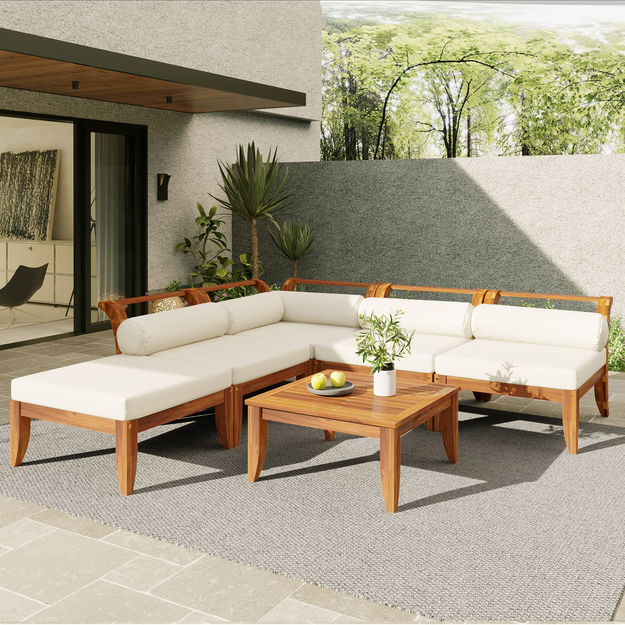 Angle. Siljoy - TOPMAX 6-Piece Acacia Wood Patio Set, L-Shaped Convertible Daybed Sofa with Table, Ottoman & Cushions, Teak+Beige - Teak+ Beige.