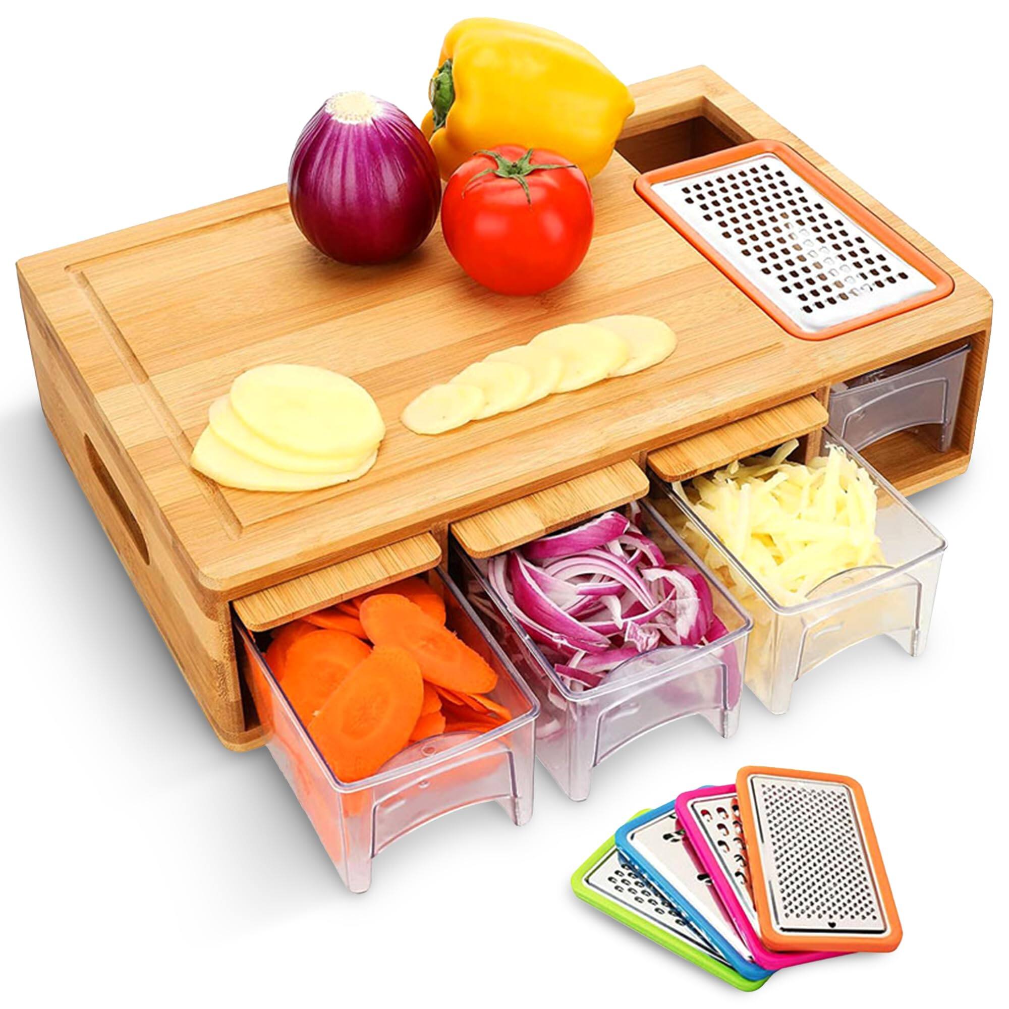 Front. Cheer Collection - Multi Functional Wood Cutting Board with Graters and Storage Trays - Natural Brown.