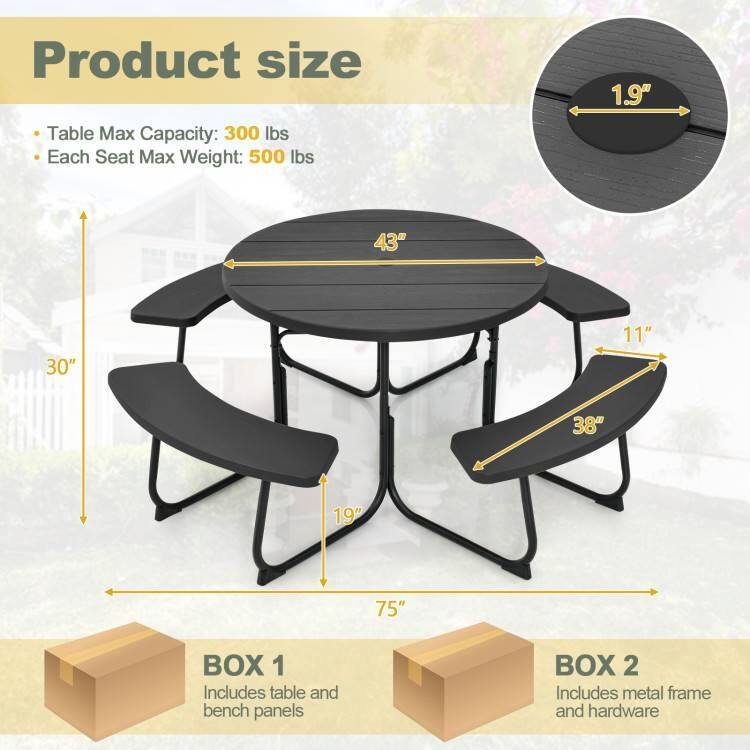 Product size

- Table Max Capacity: 300 lbs
- Each Seat Max Weight: 500 lbs

1.9"  
43"  
30"  
11"  
38"  
19"  
75"  

BOX 1  
Includes table and bench panels  

BOX 2  
Includes metal frame and hardware