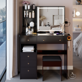 LUCKY ONE - 37in Vanity Set with LED Sliding Mirror, 2AC+2USB, Hair Dryer Stand and Stool for Bedroom - Black