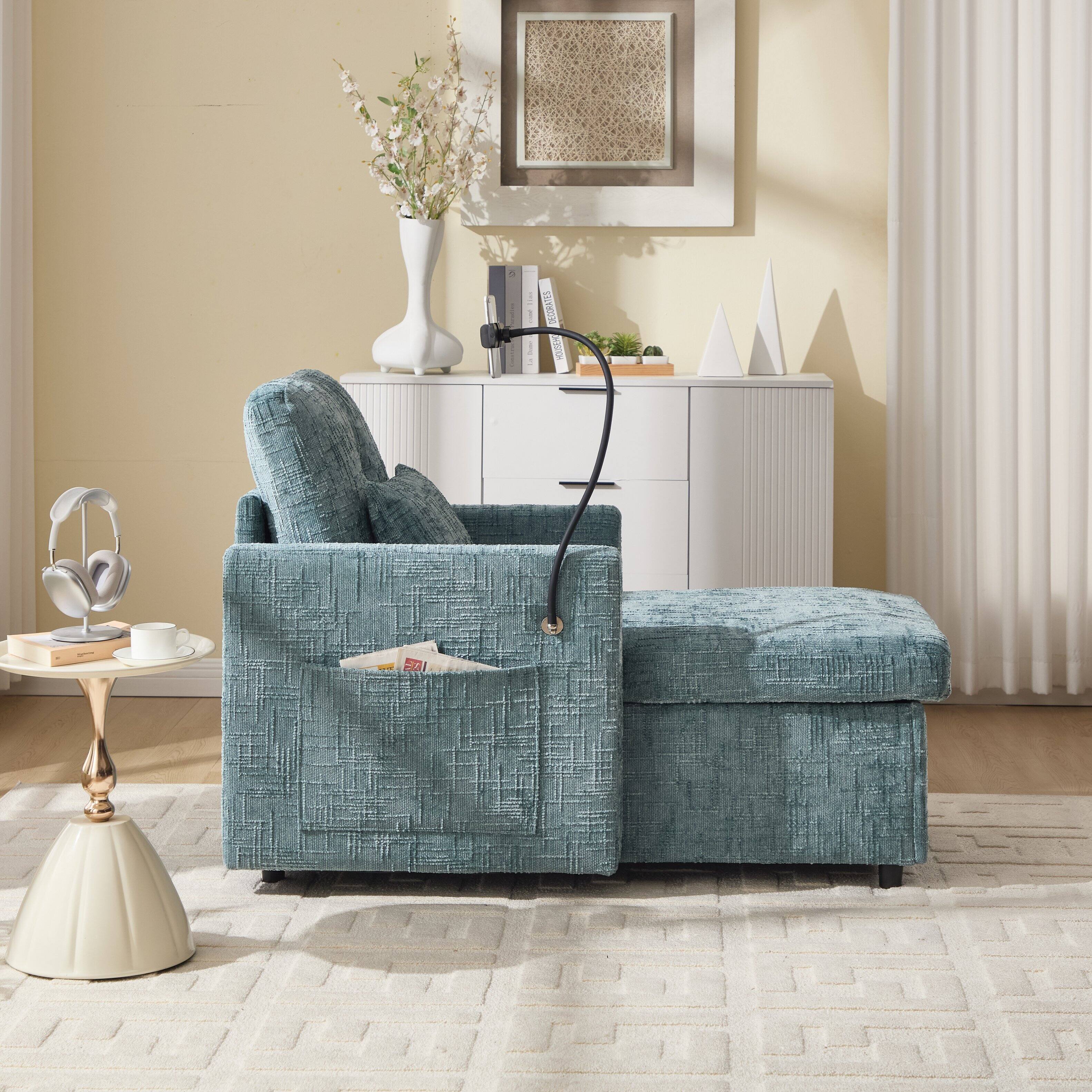 Alt View 1. Trinkets Crazed - Lazy Person Sofa Couch, Multifunctional Chenille Single Leisure Chair with Storage Backrest, Cell Phone Bracket - Lake Blue.