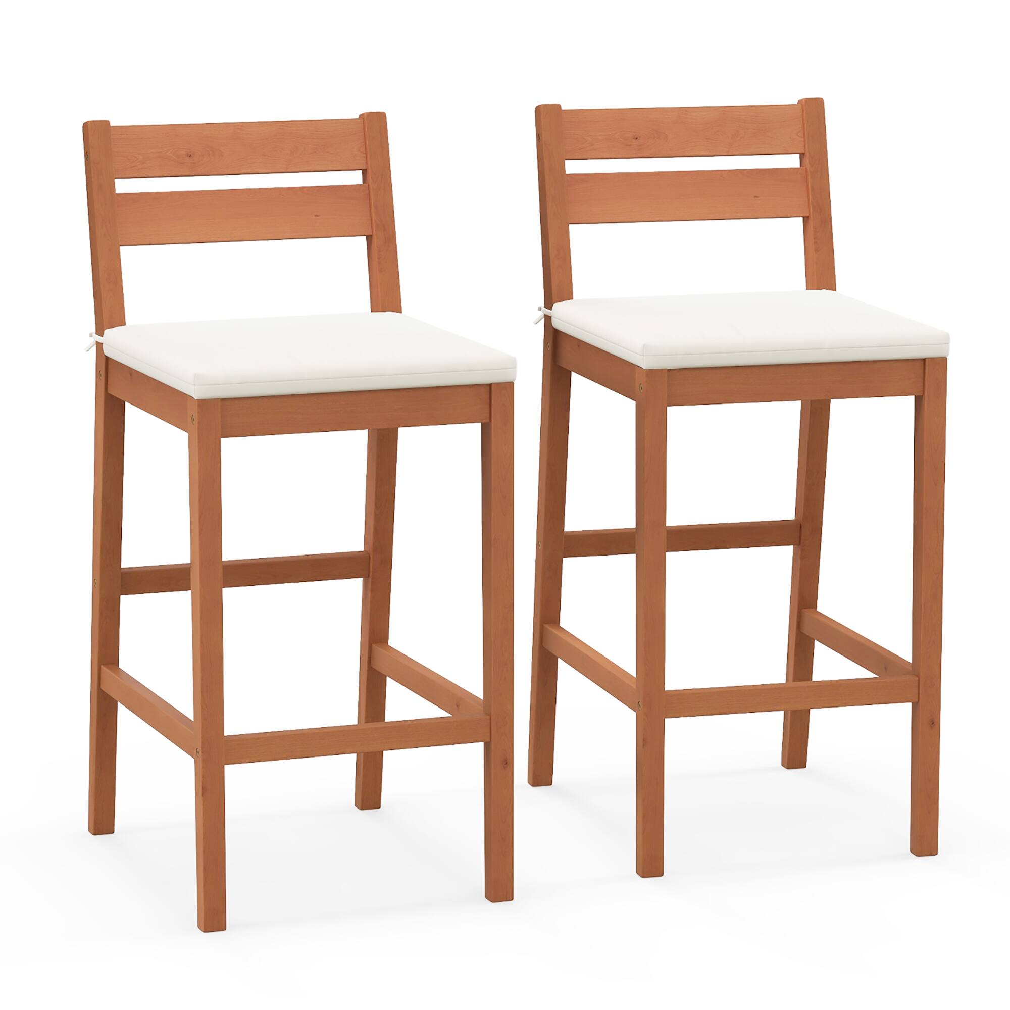 Gymax - Patio Eucalyptus Wood Bar Stools Set of 2 Outdoor Bar Height Patio Chairs w/ Cushions - White, Natural
