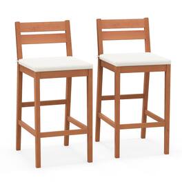 Gymax - Patio Eucalyptus Wood Bar Stools Set of 2 Outdoor Bar Height Patio Chairs w/ Cushions - White, Natural