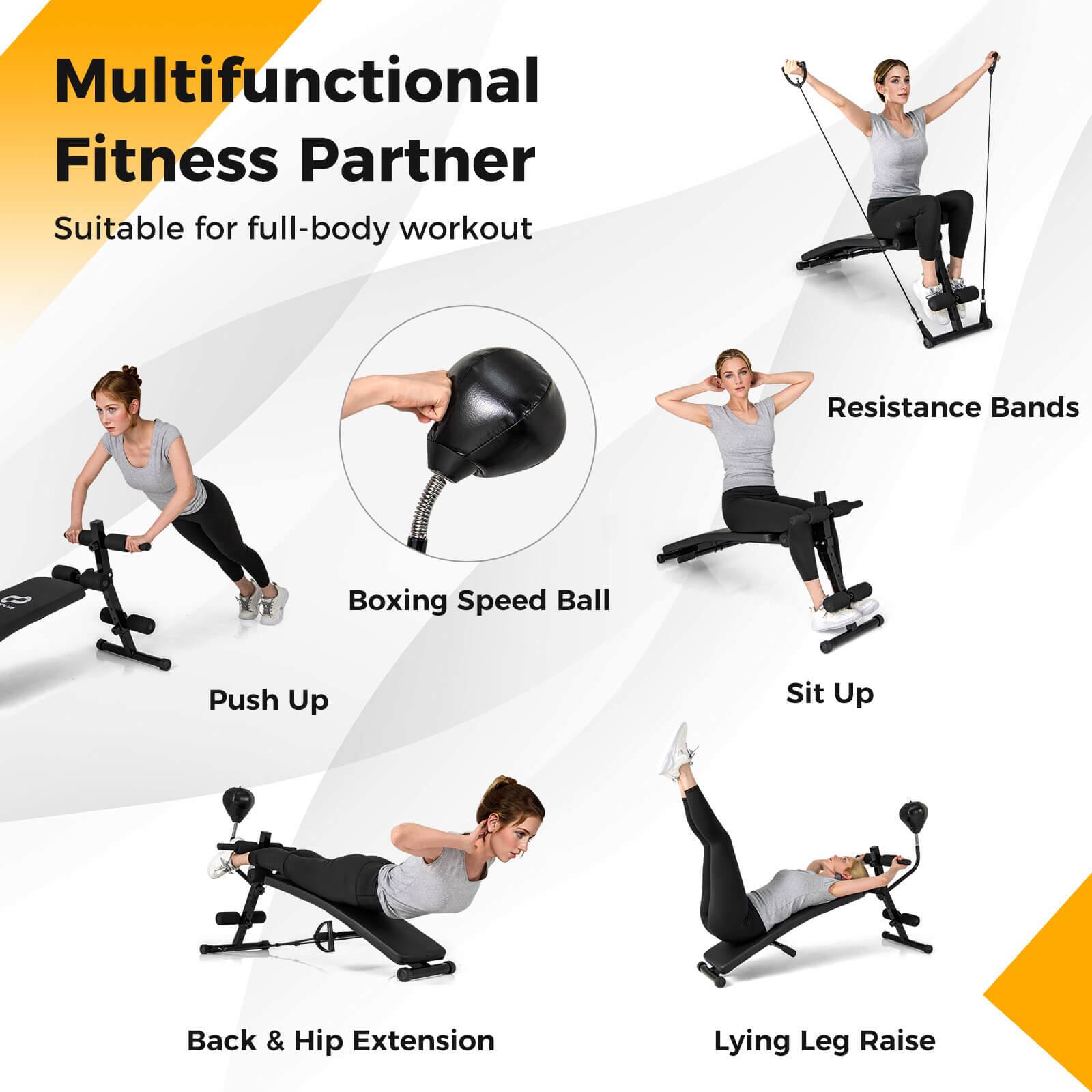 Multifunctional Fitness Partner Suitable for full-body workout Resistance Bands, Boxing Speed Ball, Push Up, Sit Up, Back, Hip & Hip Extension, Lying Leg Raise.