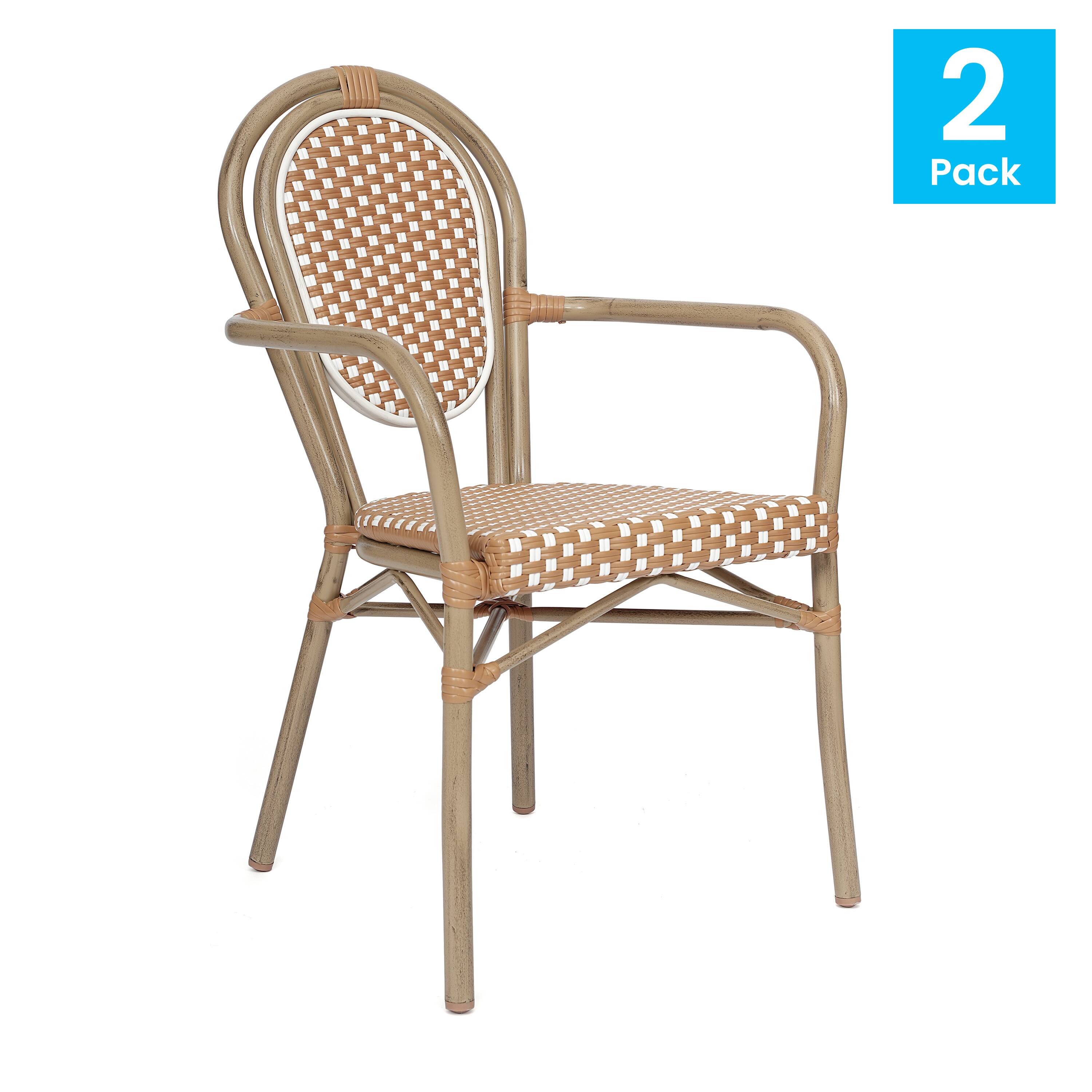 Alt View 1. Emma + Oliver - Colmar Set of Two Indoor/Outdoor Stacking Thonet Bistro Style Chairs with Arms, PE Rattan Seat and Metal Frame - Natural & White/Light Natural Frame.