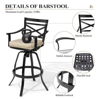 DETAILS OF BARSTOOL

Maximum Load Capacity: 270lbs

- Sturdy Backrest
- Stylish Armrest
- Durable Seat
- Reliable Footrest