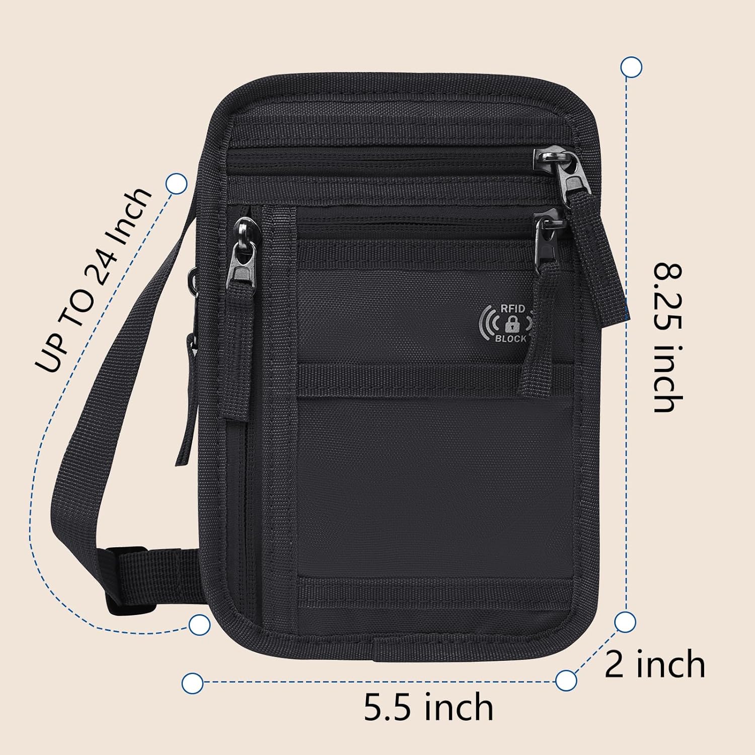 - Up to 24 inch
- 8.25 inch
- 5.5 inch
- 2 inch
- RFID Block