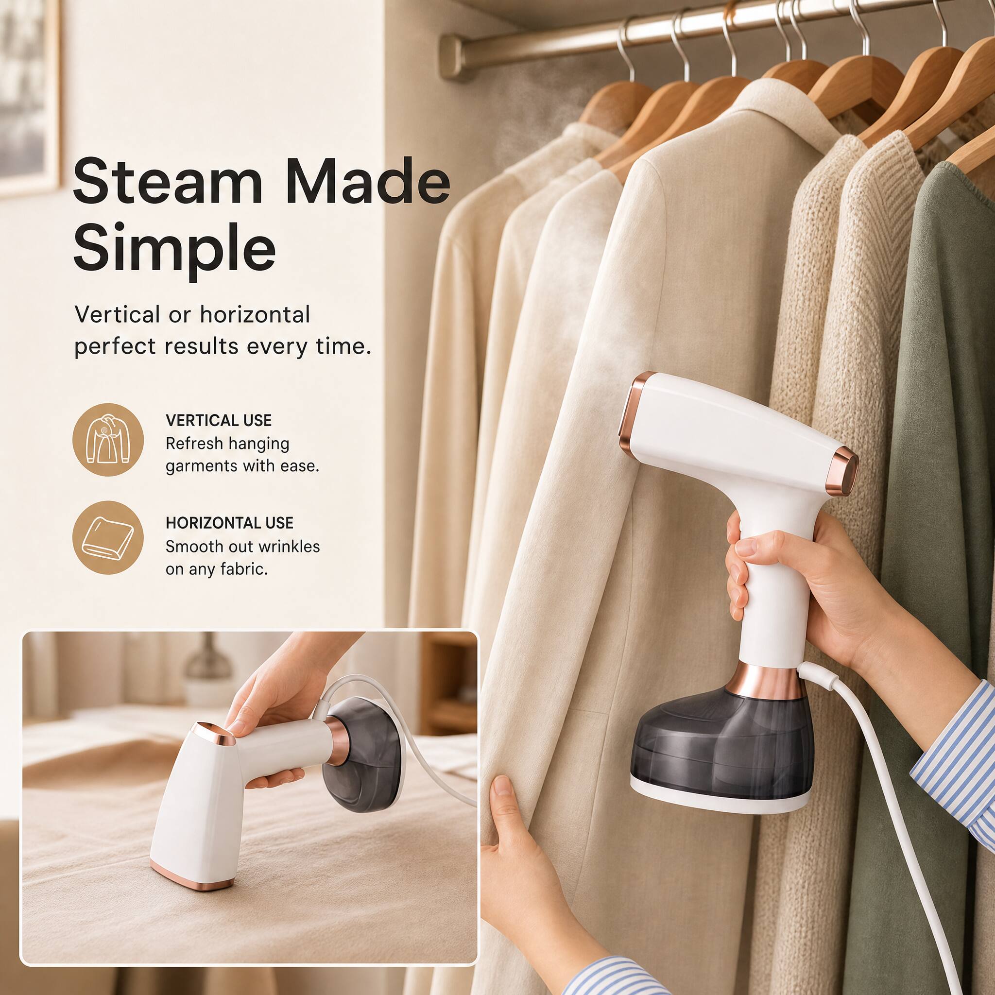 Steam Made Simple  
Vertical or horizontal perfect results every time.  

VERTICAL USE  
Refresh hanging garments with ease.  

HORIZONTAL USE  
Smooth out wrinkles on any fabric.