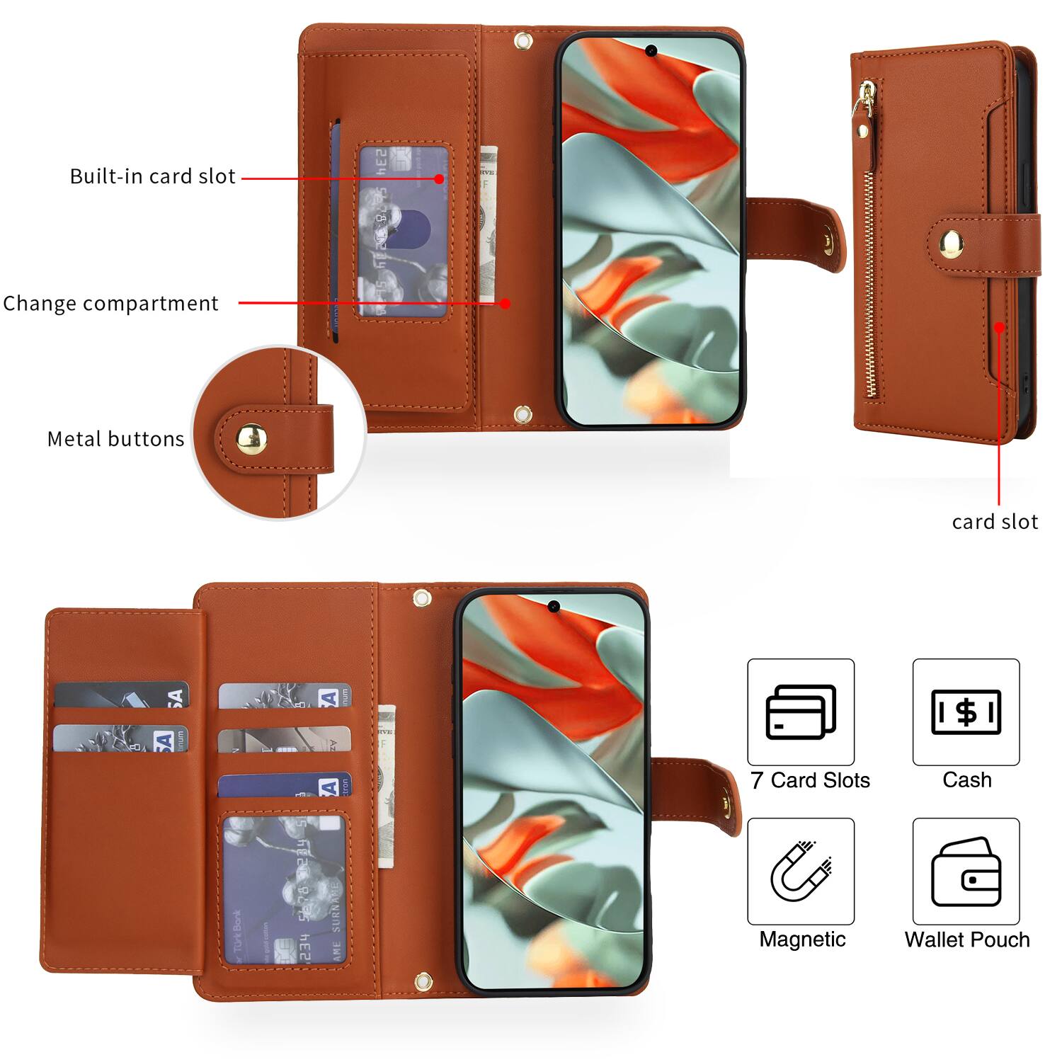 Built-in card slot  
Change compartment  
Metal buttons  
card slot  

7 Card Slots  
Cash  
Magnetic  
Wallet Pouch
