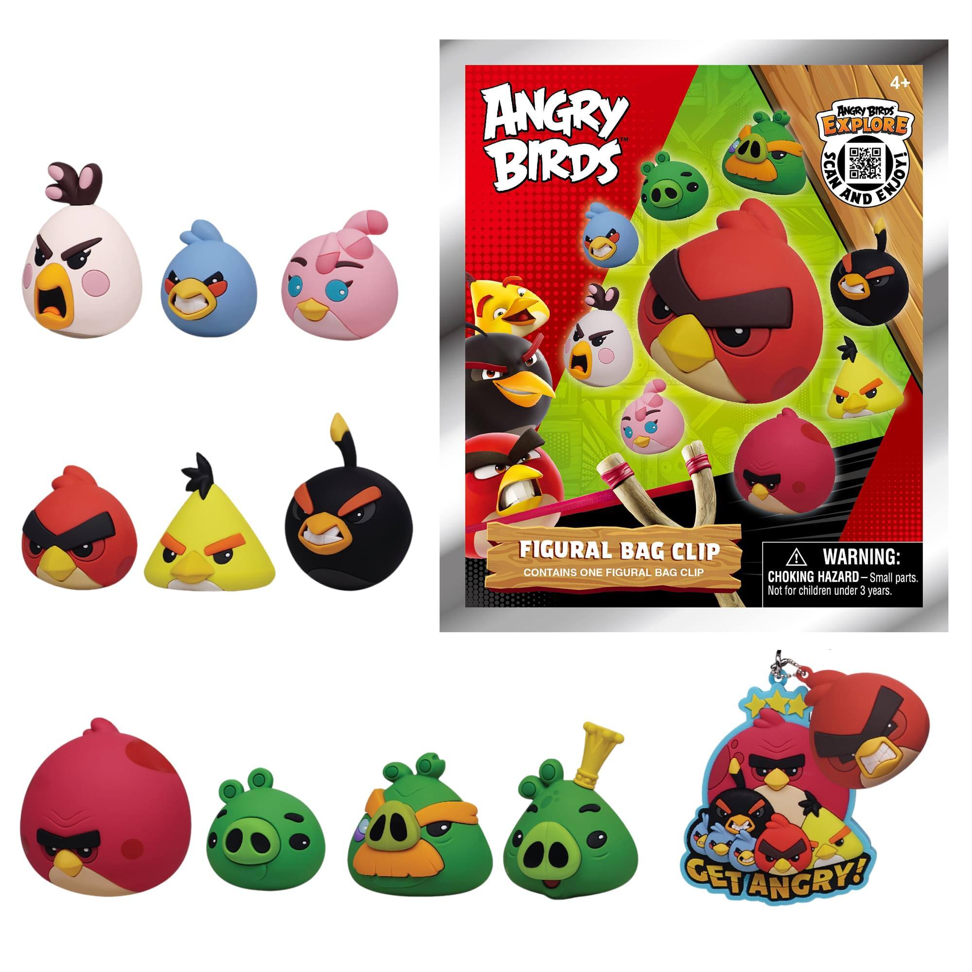 ANGRY BIRDS 4+ TGRY sia EXPLORE SCAN LOCNE AND FIGURAL BAG CLIP CONTAINS ONE FIGURAL BAG CLIP WARNING: CHOKING HAZARD- Small parts. Not for children under 3 years. GET ANGRY!