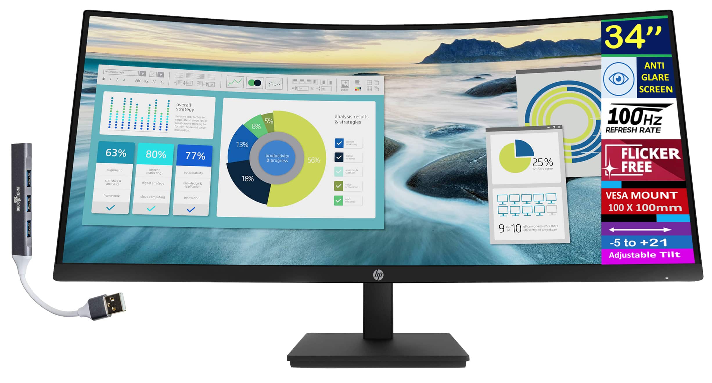 HP - P34hc 34" WQHD Monitor, Anti-Glare, Flicker Free, VESA Mount, Displayport, HDMI & DKZ Hub, Color (21Y56AA#ABA) - Black