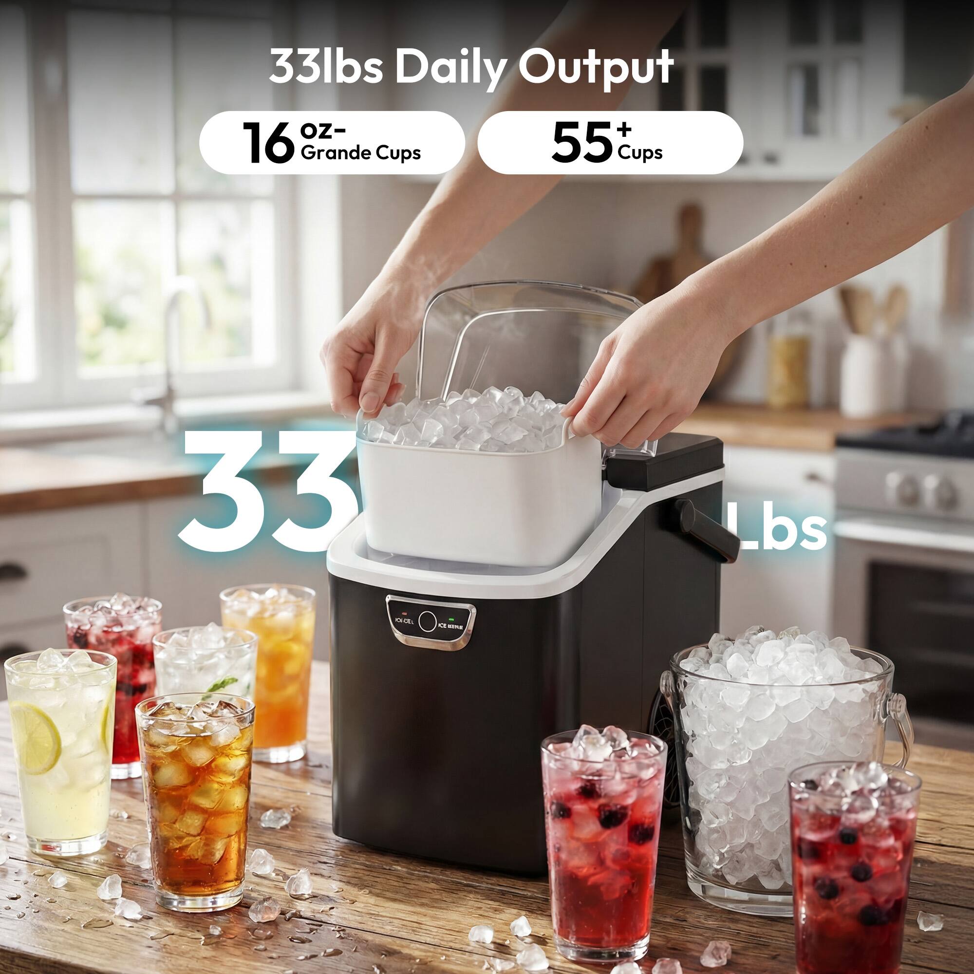 33lbs Daily Output  
16 oz- Grande Cups  
55+ Cups  
33 Lbs