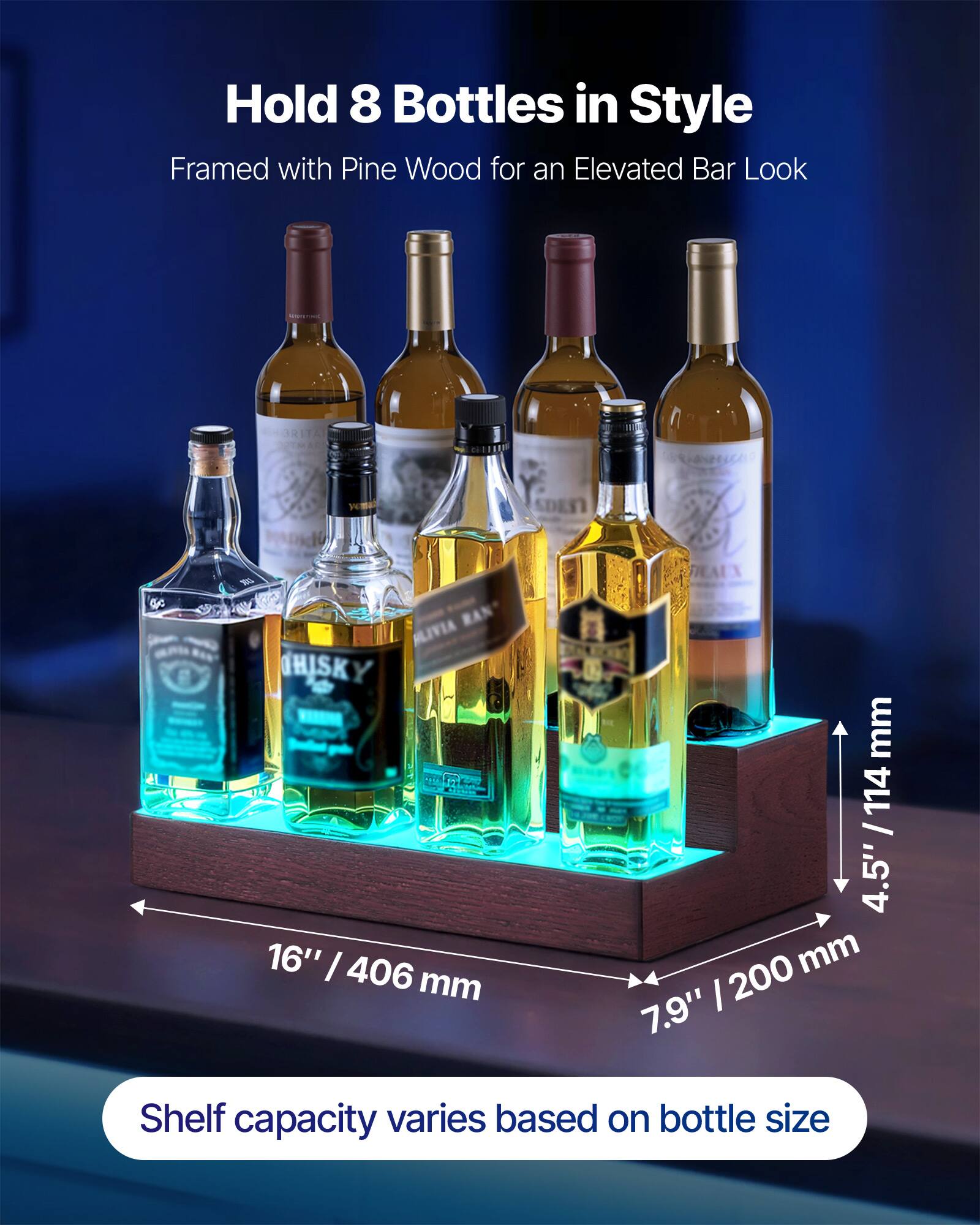 Hold 8 Bottles in Style  
Framed with Pine Wood for an Elevated Bar Look  

BRITA STMAR 10 RAN ALIVIA THISKY  

16" / 406 mm  
4.5" / 114 mm  
7.9" / 200 mm  

Shelf capacity varies based on bottle size