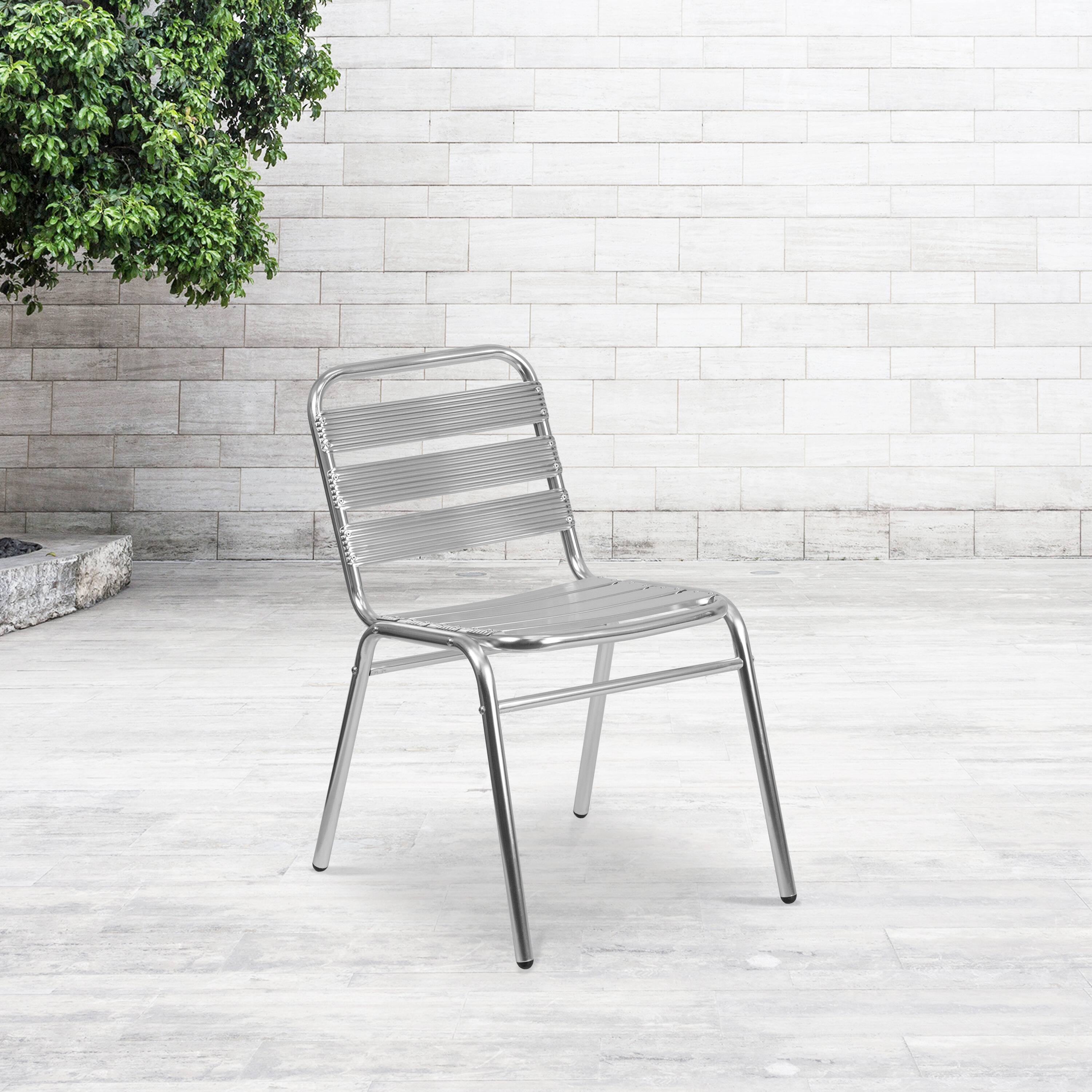 Alt View 2. Emma + Oliver - 4 Pack Metal Commercial Indoor-Outdoor Armless Restaurant Stack Chair with Triple Slat Back - Aluminum.