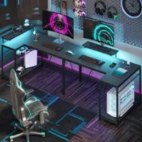 Bestier - L-Shaped Computer Desk with Power Outlets, Led Lights, and Monitor Stand - 52" Wide - Black Carbon Fiber - Front_Zoom