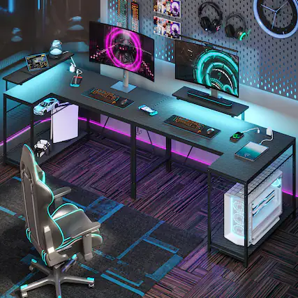 Front. Bestier - L-Shaped Computer Desk with Power Outlets, Led Lights, and Monitor Stand - 52" Wide - Black Carbon Fiber.