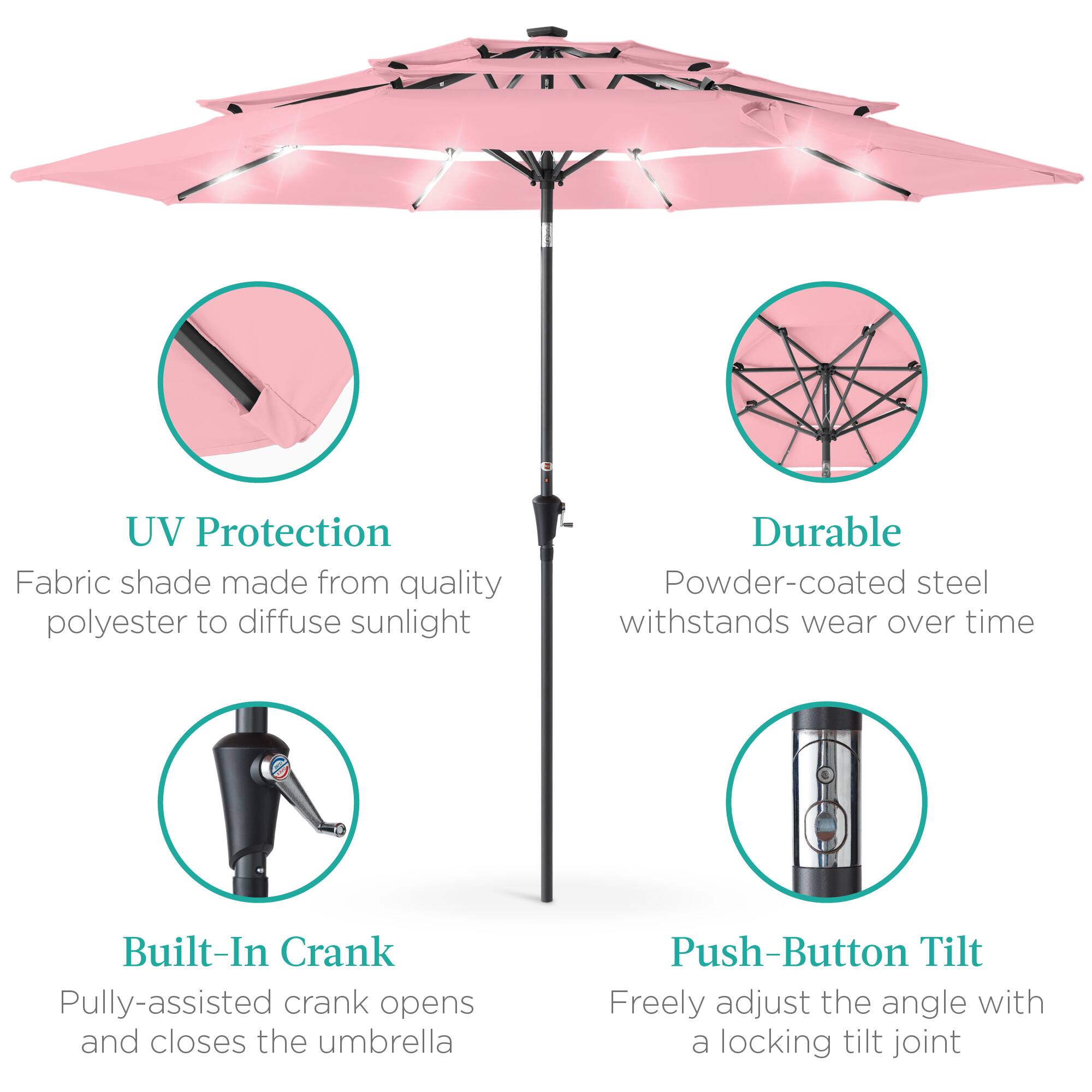 UV Protection  
Fabric shade made from quality polyester to diffuse sunlight  

Durable  
Powder-coated steel withstands wear over time  

Built-In Crank  
Pully-assisted crank opens and closes the umbrella  

Push-Button Tilt  
Freely adjust the angle with a locking tilt joint