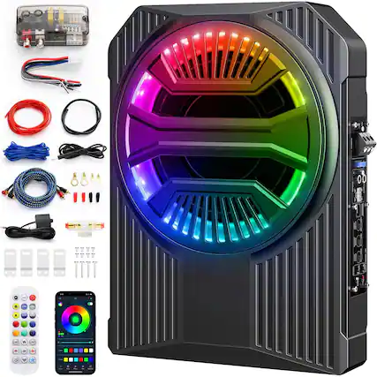 Front. TECH SAFARI - Slim Under Seat Subwoofers With Amp Subwoofer Amplifier And Rgb Lights App Remote Control For Music Sync Li - Default.