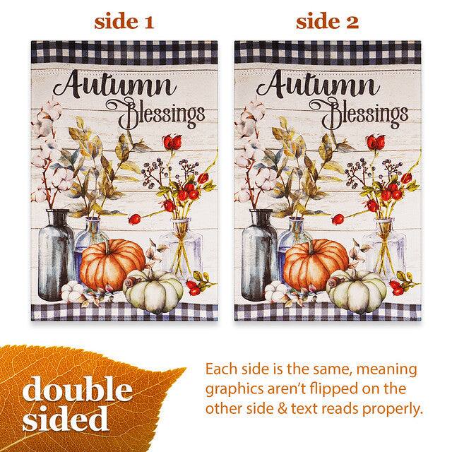 side 1  
side 2  
Autumn Blessings  
Autumn Blessings  

double sided  
Each side is the same, meaning graphics aren't flipped on the other side & text reads properly.