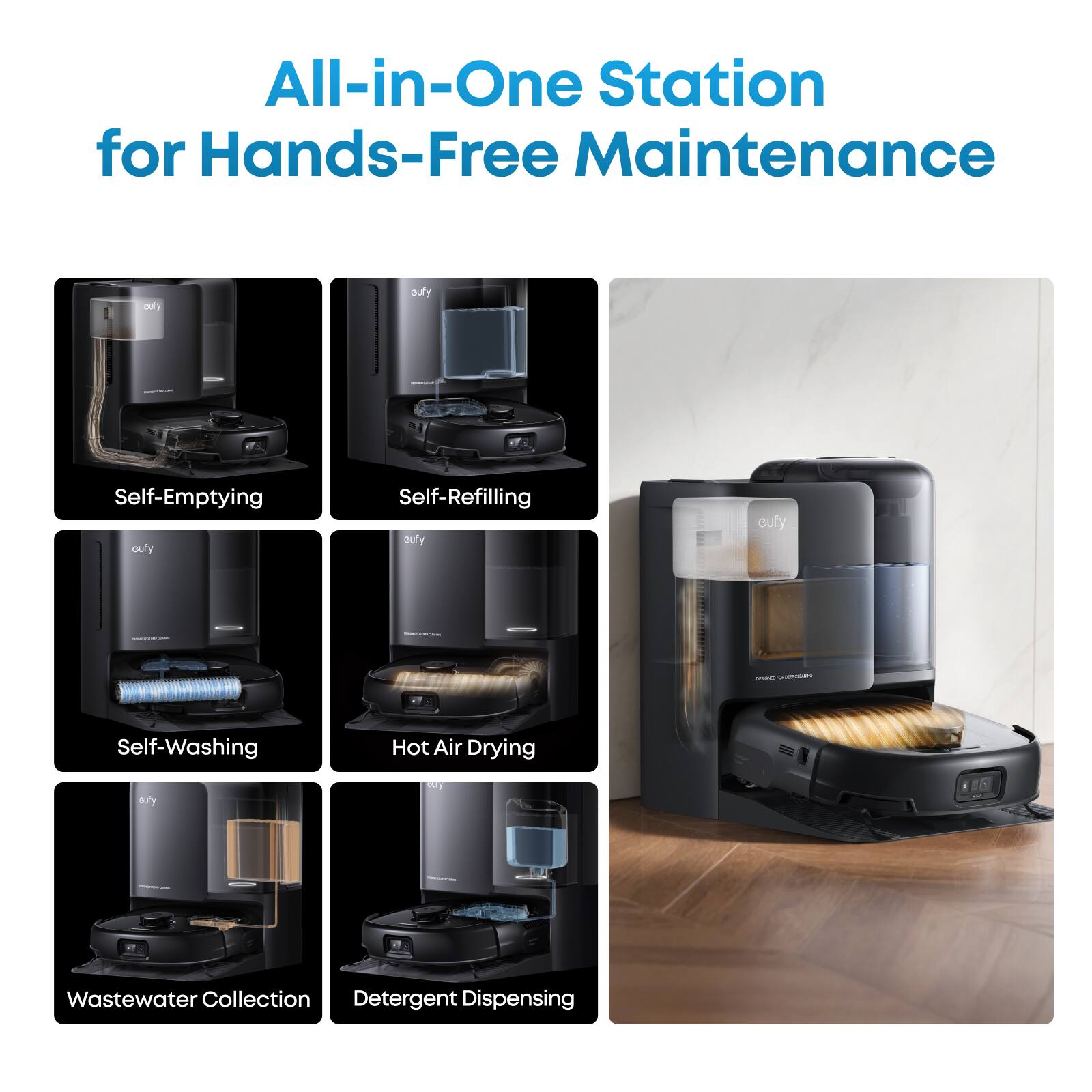 All-in-One Station for Hands-Free Maintenance

- Self-Emptying
- Self-Refilling
- Self-Washing
- Hot Air Drying
- Wastewater Collection
- Detergent Dispensing