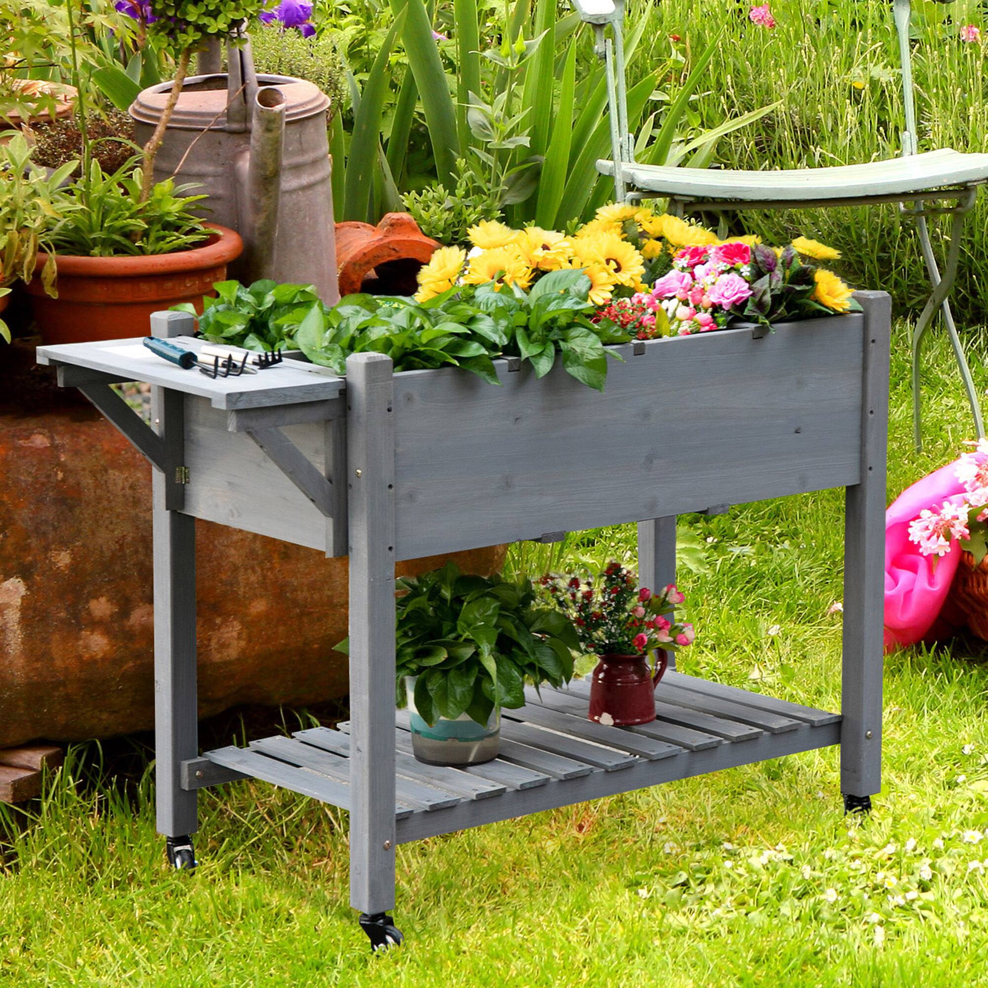 Alt View 1. Outsunny - Raised Garden Bed Planter Box w/ 8 Grow Grids - Gray.