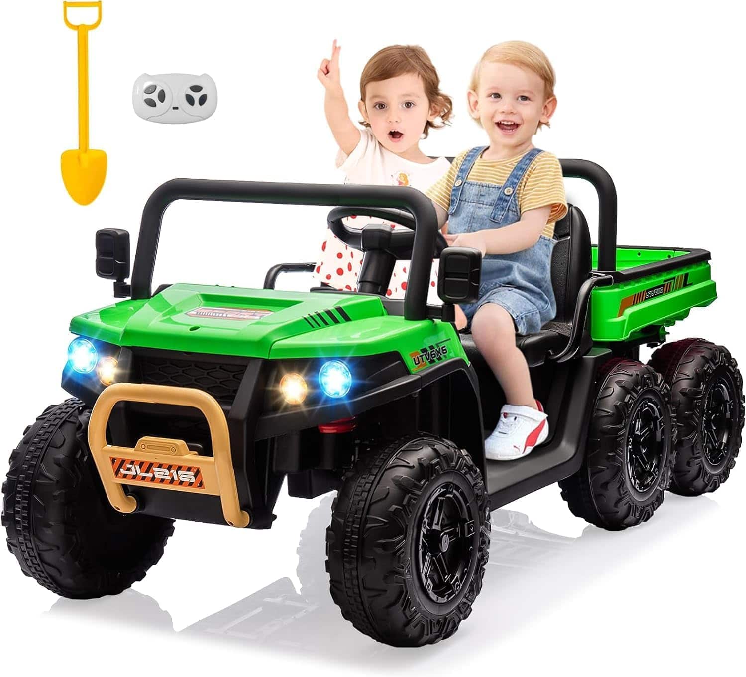 Jojoka - 24V Kids UTV Ride On Dump Truck, Remote Control, 4 Motors, LED Lights, Music, 2-Seater - Green