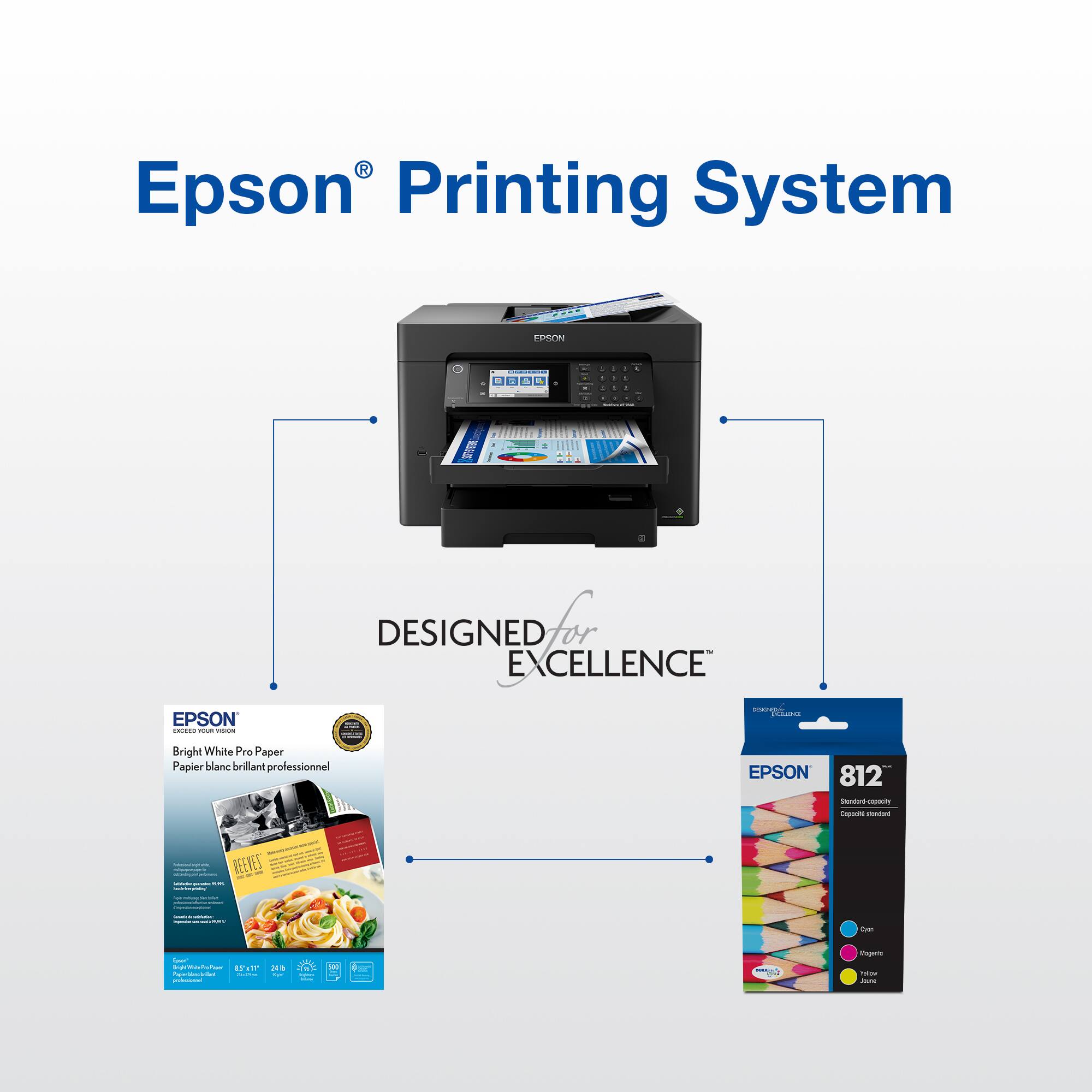 Epson Printing System is designed for excellence. The image features a printer and a pack of paper, indicating that the system is designed to work with various types of paper. The pack of paper is labeled "Bright White Paper," suggesting that the system is capable of producing high-quality prints on different types of paper. The image also shows a printer and a pack of paper, emphasizing the compatibility of the system with various paper types.