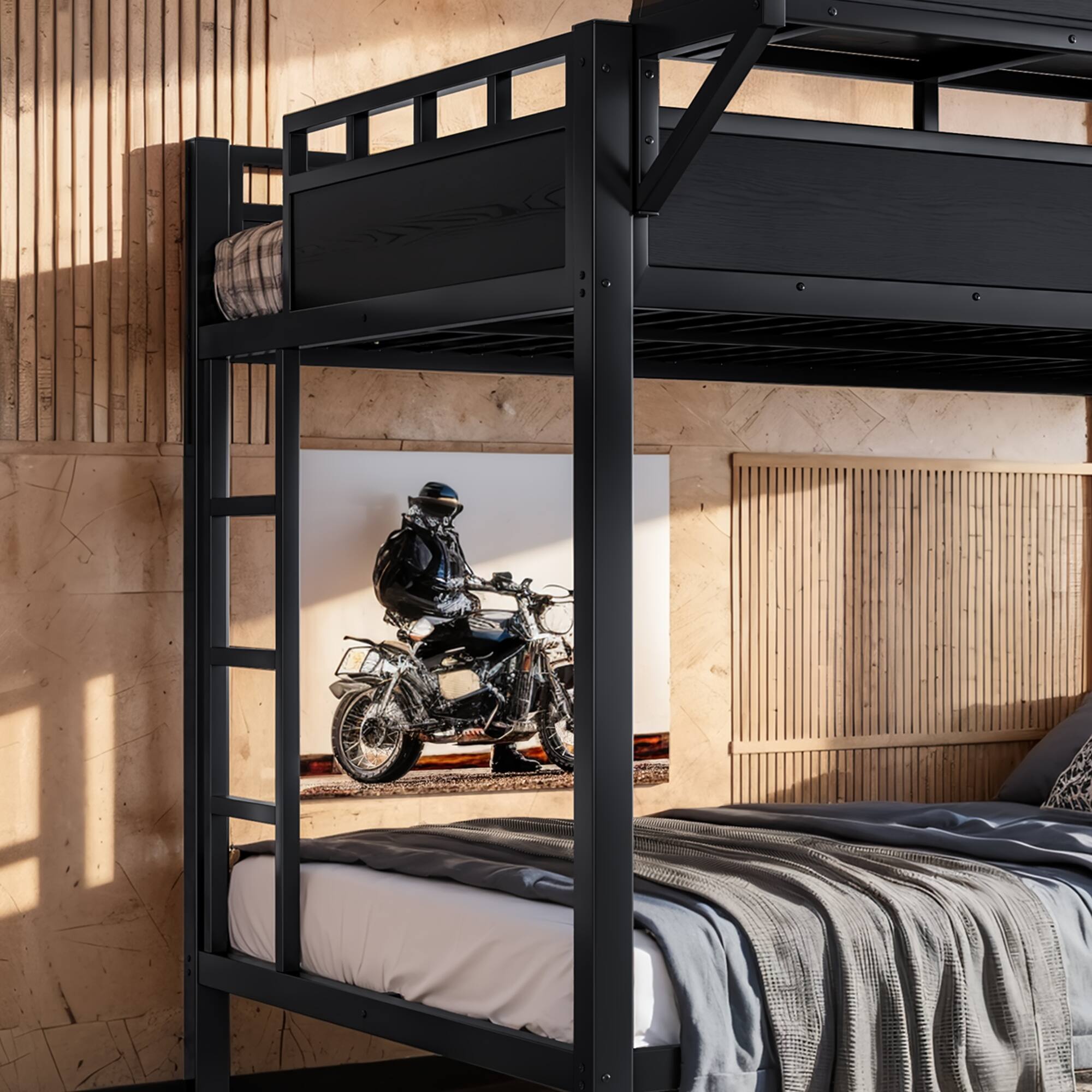 Alt View 2. Boyel Living - Full over Full Size Metal Bunk Bed with Storage Shelves and Pegboard Bunk Bed Frame - Black.