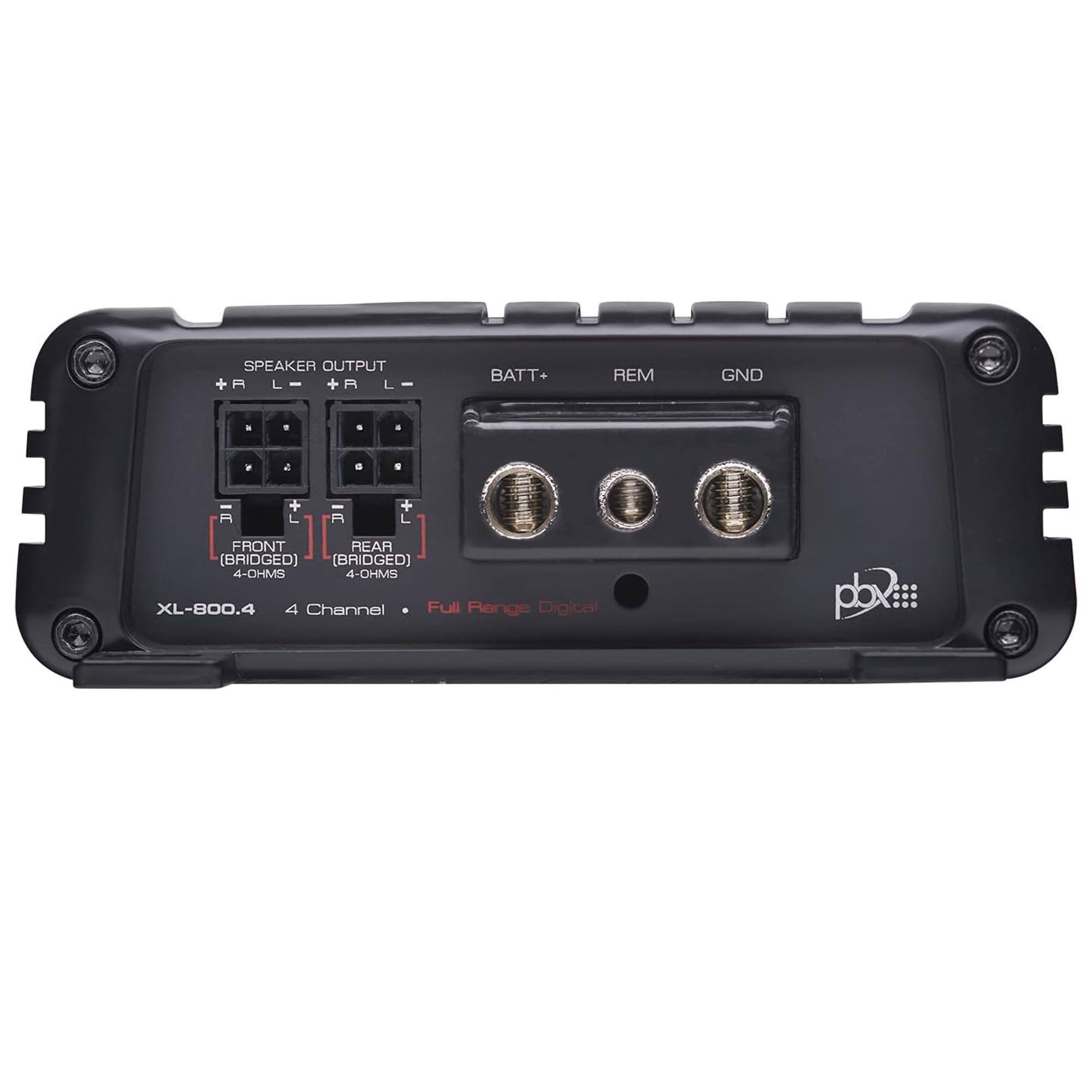SPEAKER OUTPUT  
+R L- +R L-  
FRONT (BRIDGED) 4-OHMS  
REAR (BRIDGED) 4-OHMS  

BATT+ REM GND  

XL-800.4  
4 Channel Full Range Digital  

pbx