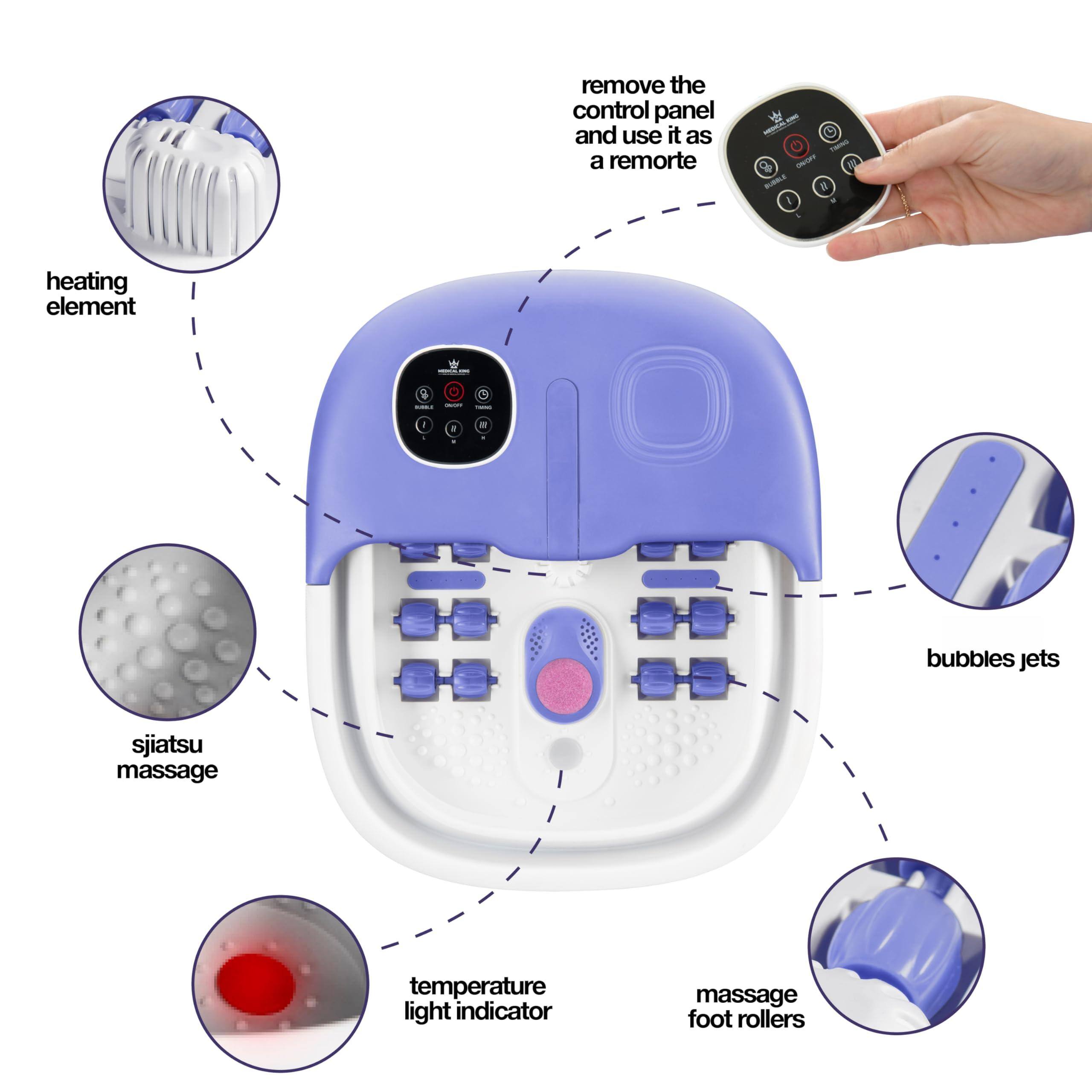 - Remove the control panel and use it as a remote
- Heating element
- Shiatsu massage
- Bubbles jets
- Temperature light indicator
- Massage foot rollers