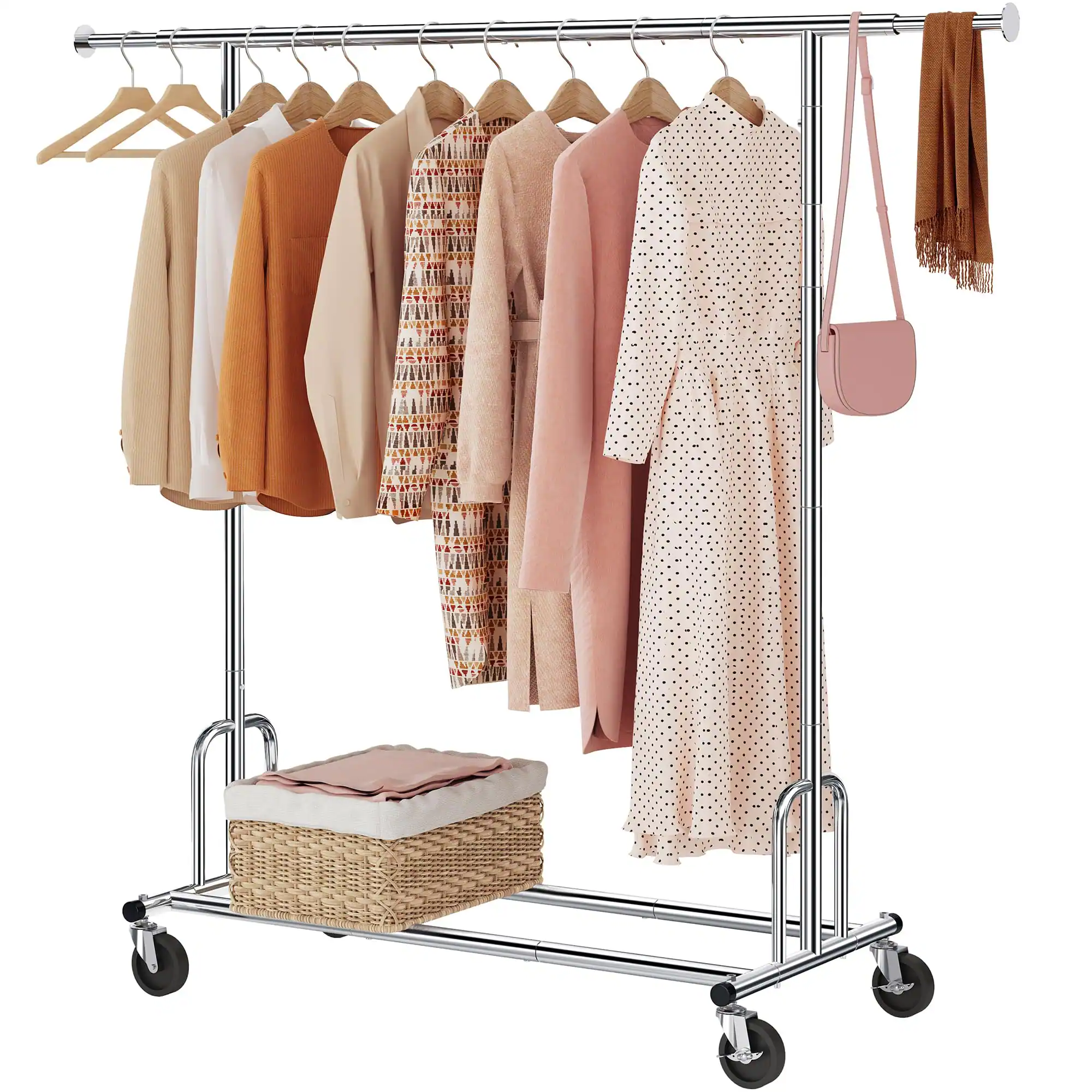 Front. Hirose Alice - Tajsoon Clothing Rack Heavy Duty Clothes Racks Garment Rack with Wheels and Rod  Clothing Rack Max Capacity - Chrome Single Rod Heavy Duty.
