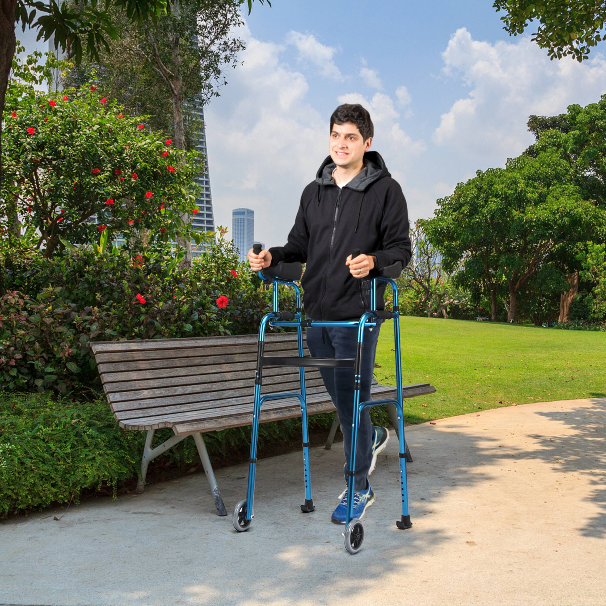 Alt View 1. Gymax - Gymax Folding Walker Adjustable Walking Frame Aluminum Walking Aid w/ Wheels Blue - Blue.