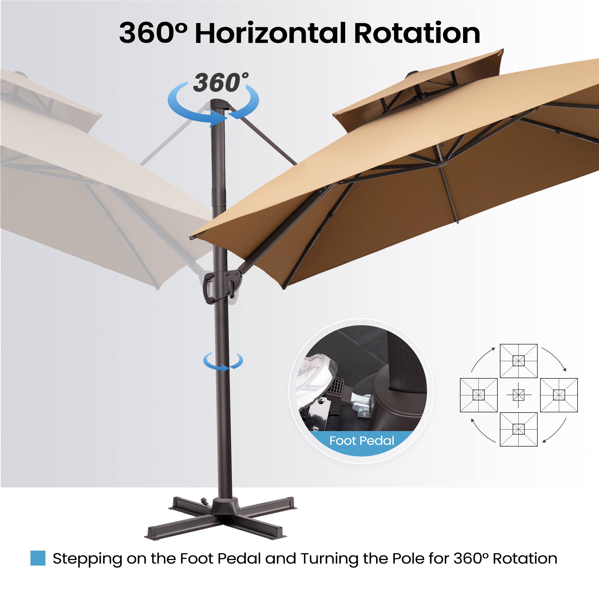 360° Horizontal Rotation

360°

Foot Pedal

Stepping on the Foot Pedal and Turning the Pole for 360° Rotation