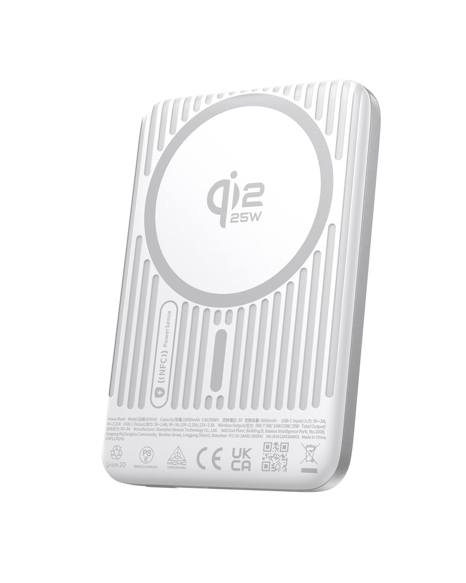 qie 25W PowerSense ((NFC)) Power Bank Model/0034 Capacity 20000mAh Jnanhe - to 600mAh USB-C Input/ 5V-3A PV-2.22A USB-C Output/ 5V-2.4A 7V-2.25A 12V-2.5A Wireless Output/ 7.5A Manufacturer: Sheralen Baseus Technology Co, Ltd. Add: 2nd Floor, Building 6, Baseus Intelligence Park, No.2008, Tuanping A Gangtou Community, Santian Street, Longgang District, Shenzhen, China I PS UK Li-ion 20 CEARUERA E MCMC CE CA