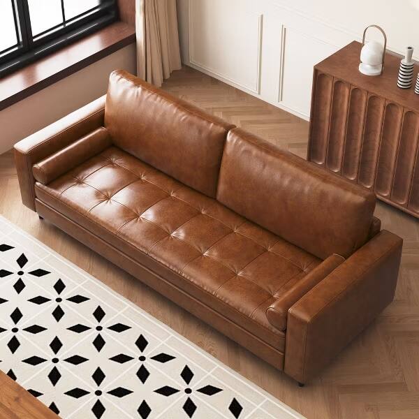 Alt View 9. luck idea - 80.31" Mid-Century 3-Seater Faux Leather Sofa, Waterproof Brown PU Couch with 2 Bolster Pillows for Living Room Office - Brown.