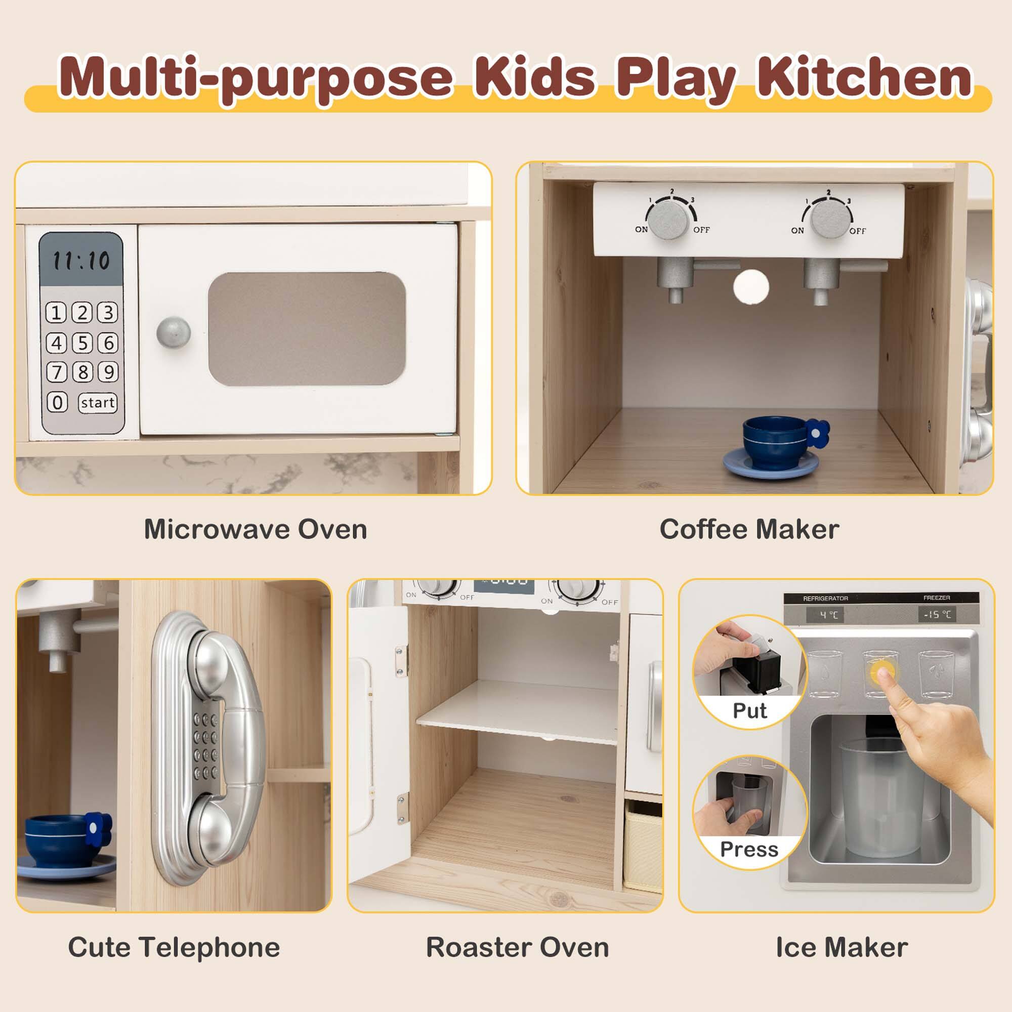 Multi-purpose Kids Play Kitchen

- Microwave Oven
- Coffee Maker
- Cute Telephone
- Roaster Oven
- Ice Maker

ON OFF ON OFF

11:10

1 2 3 4 5 6 7 8 9 0 start

Put Press