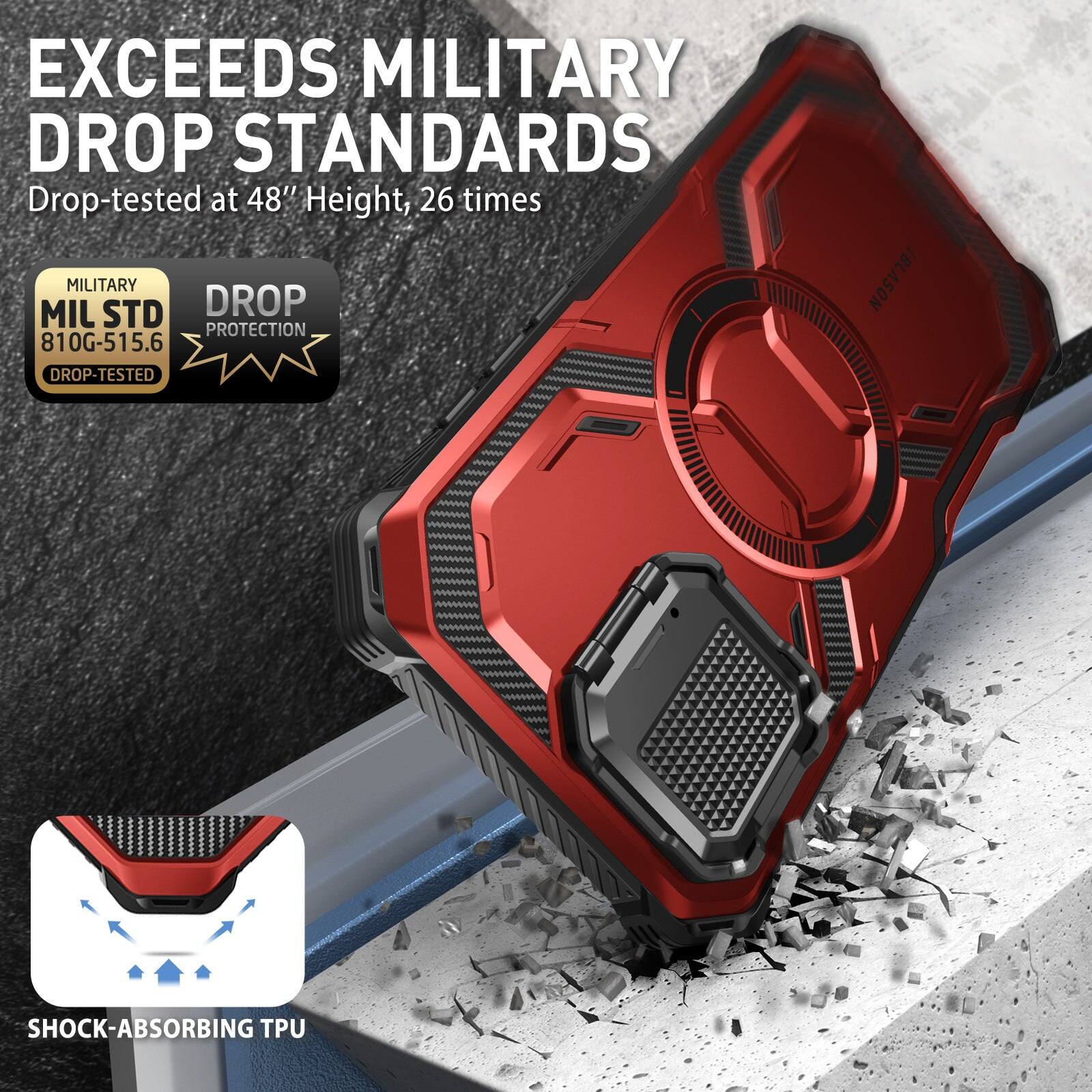 EXCEEDS MILITARY DROP STANDARDS  
Drop-tested at 48" Height, 26 times  

MILITARY  
MIL STD 810G-515.6  
DROP PROTECTION  
DROP-TESTED  

SHOCK-ABSORBING TPU