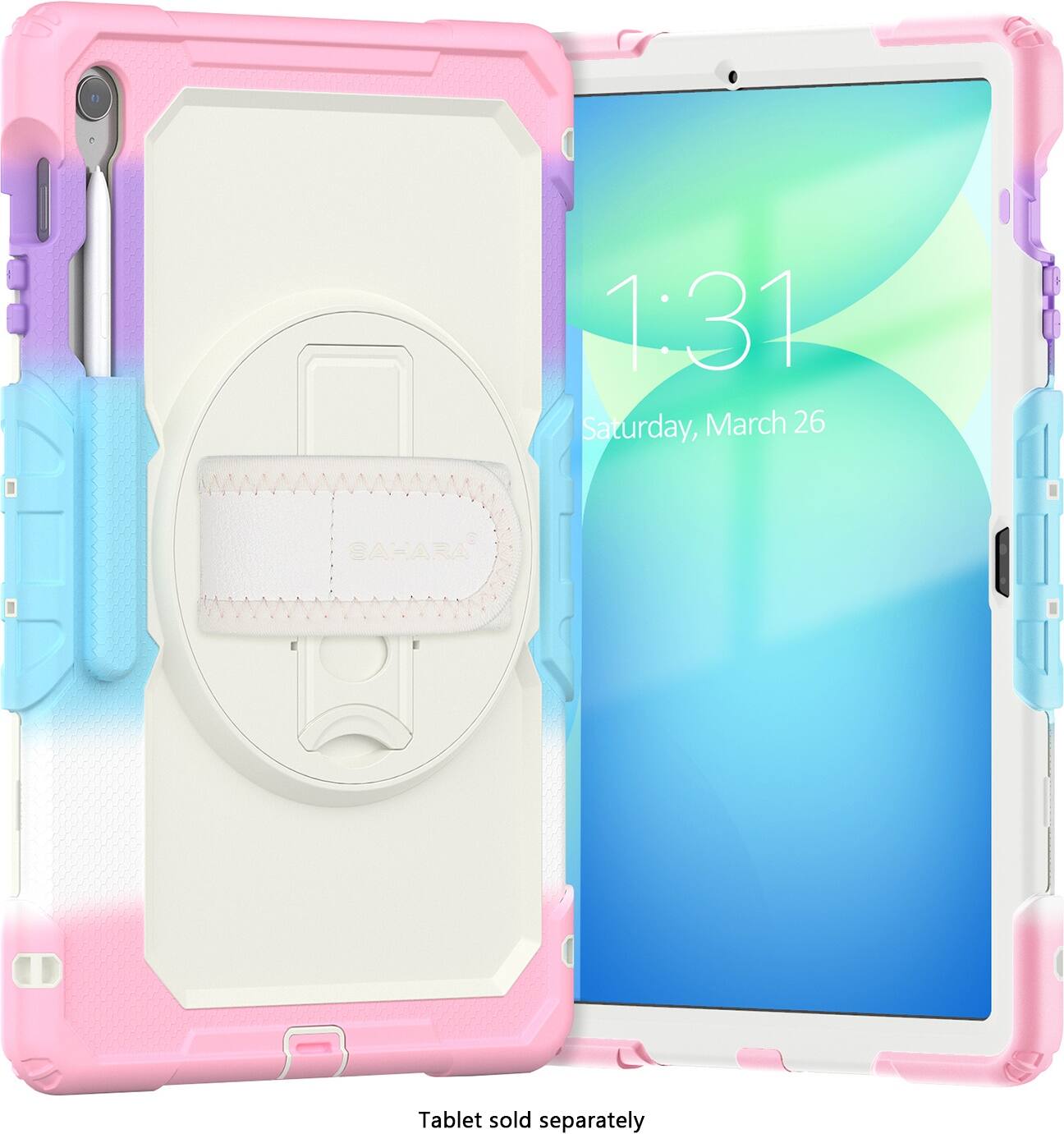 The image shows a tablet with a pink and white case, which is sold separately. The tablet is open, displaying the time of 1:31 on Saturday, March 26.