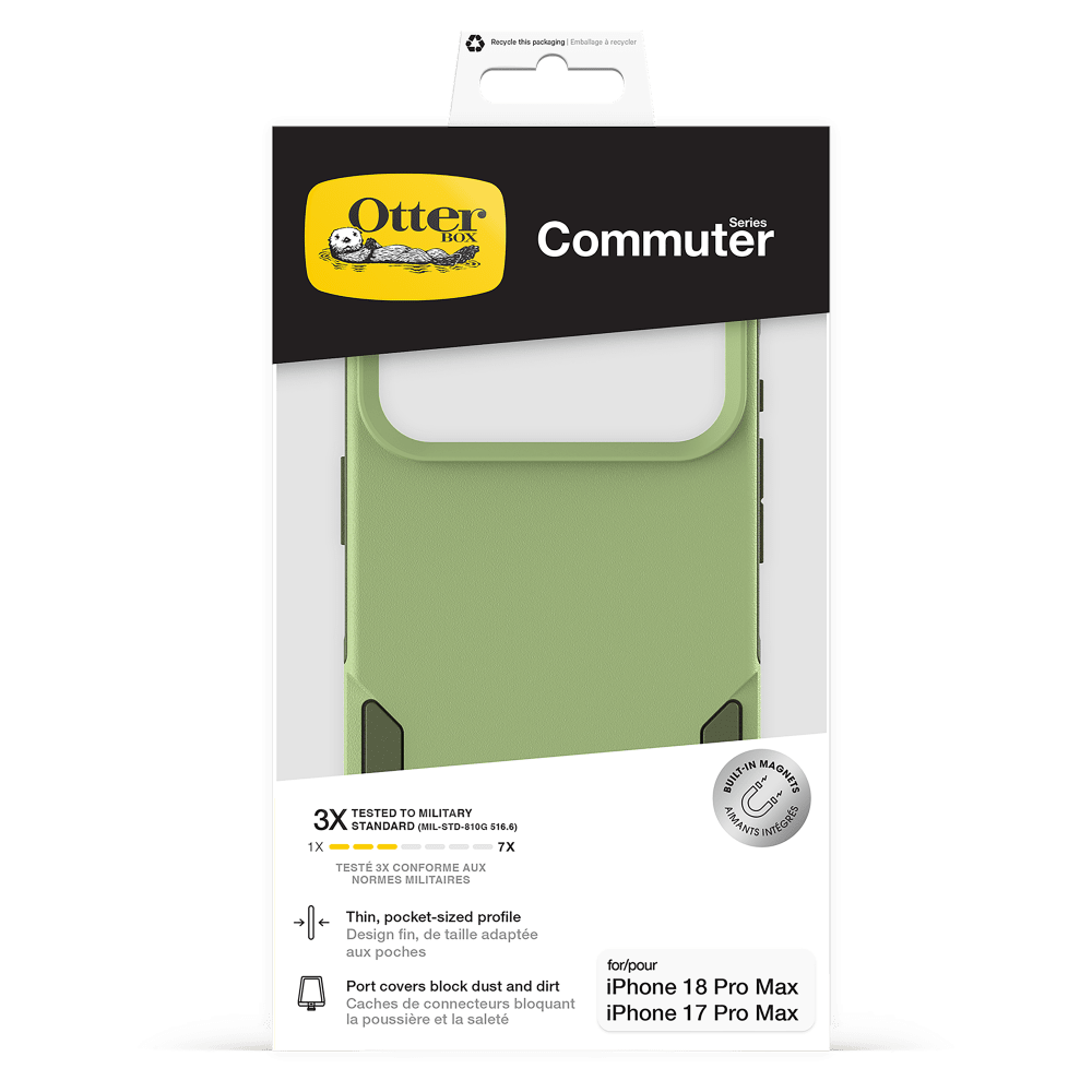 Recycle the packaging  
Emballage recyclable

Otter Series BOX Commuter

TESTED TO MILITARY 3X STANDARD (MIL-STD-810G 516.6)  
1X 7X TEST 3X CONFORME AUX NORMES MILITAIRES

BUILT-IN MAGNETS  
AIMANTS INTÉGRÉS

Thin, pocket-sized profile  
Design fin, de taille adaptée aux poches

Port covers block dust and dirt  
Caches de connecteurs bloquant la poussière et la saleté

for/pour  
iPhone 18 Pro Max  
iPhone 17 Pro Max