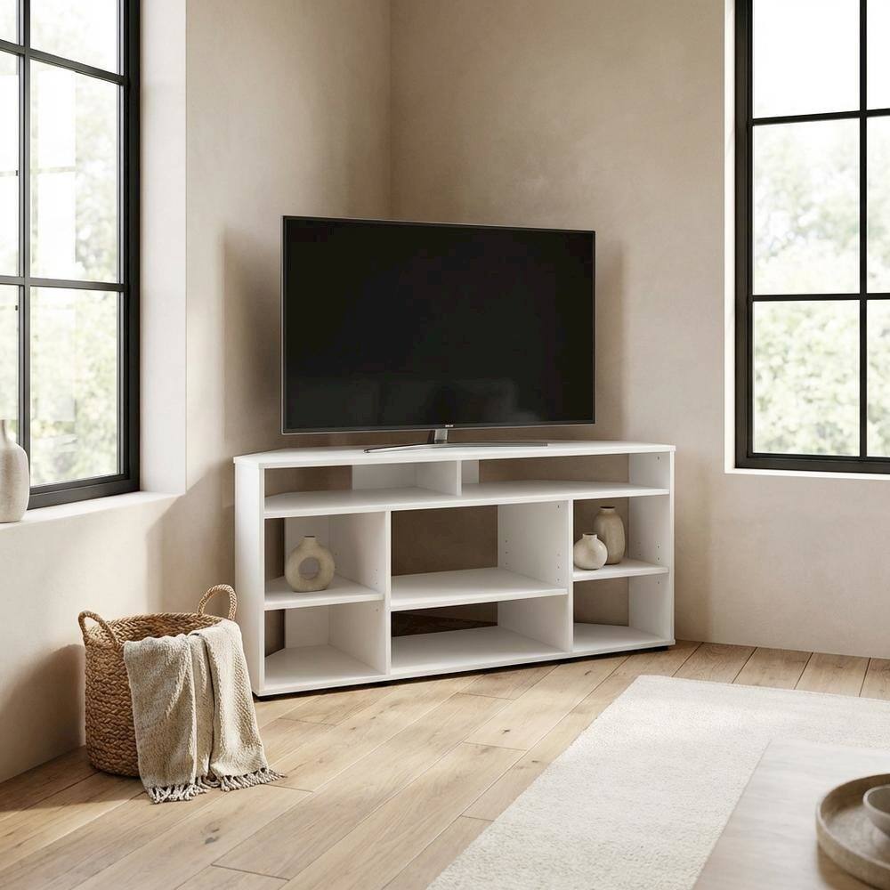 Alt View 2. FurniFact - White Corner TV Stand, up to 55-Inch Flat Screens, Solid Rubberwood - White.