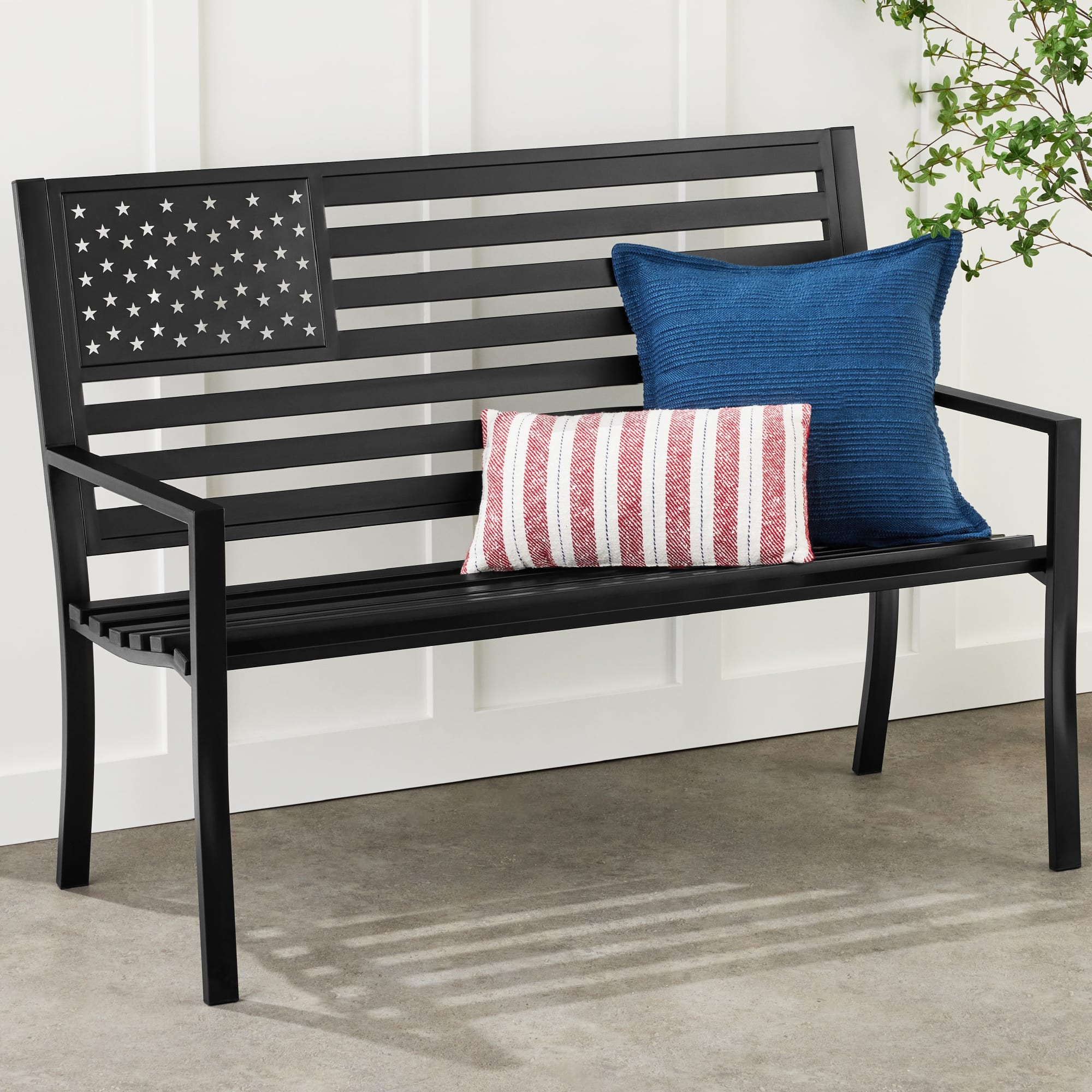 Front. Best Choice Products - Best Choice Products Indoor Outdoor Steel Garden Bench w/ American Flag Backrest, 790lb Capacity - Black - Black.