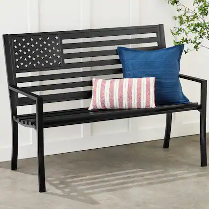 Front. Best Choice Products - Best Choice Products Indoor Outdoor Steel Garden Bench w/ American Flag Backrest, 790lb Capacity - Black - Black.
