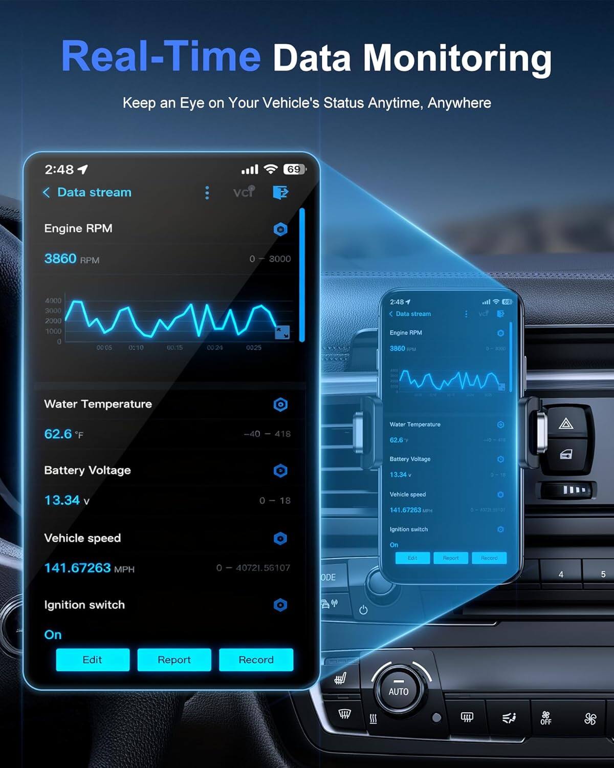 Real-Time Data Monitoring  
Keep an Eye on Your Vehicle's Status Anytime, Anywhere  

2:48  
69  

Data stream  
Engine RPM  
3860 RPM  

Water Temperature  
62.6 °F  

Battery Voltage  
13.34 V  

Vehicle speed  
141.67263 MPH  

Ignition switch  
On  

Edit  
Report  
Record  

AUTO  
OFF