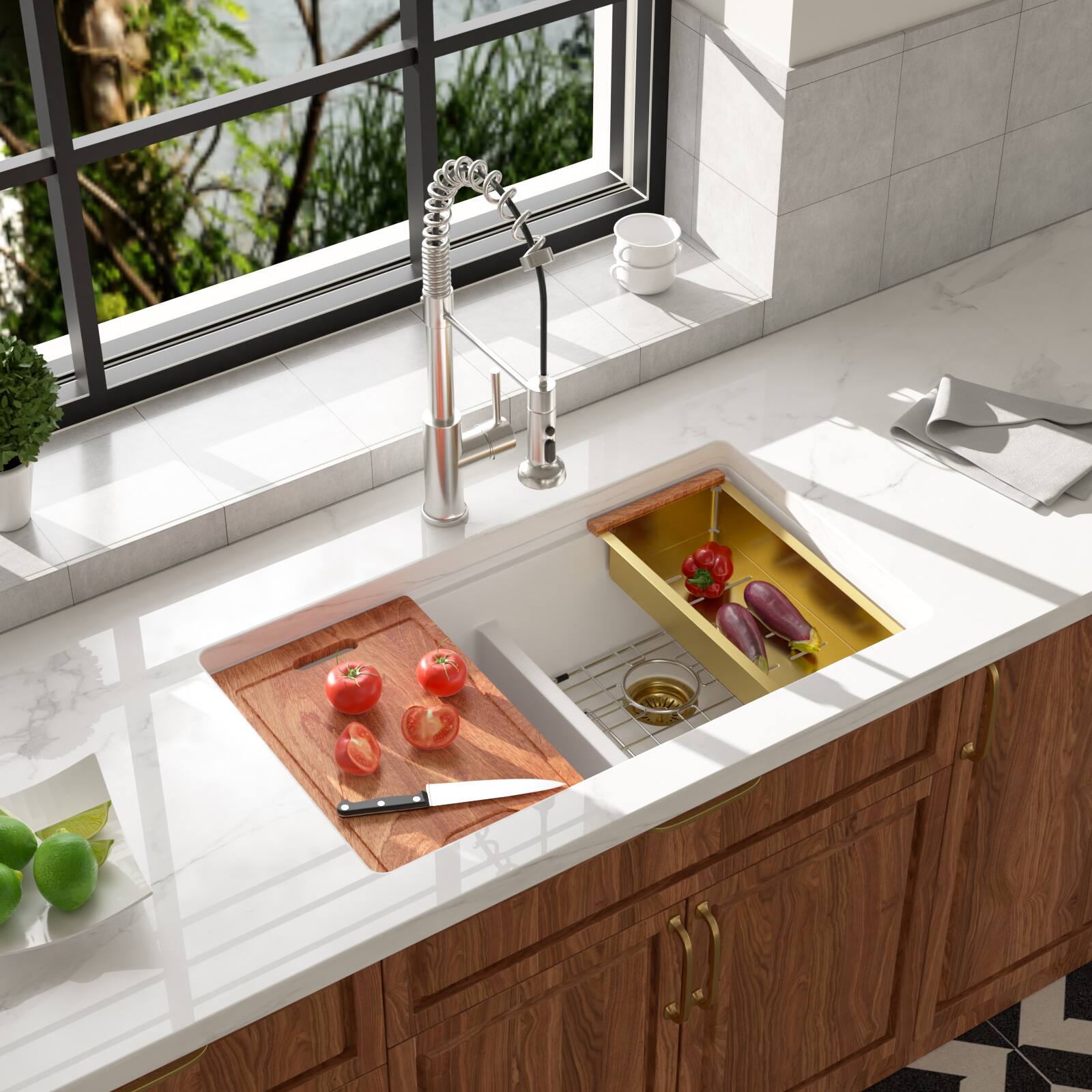 Left. Lordear - 33x19x10 Inch White Granite Composite Undermount kitchen Sink 50/50 Double Bowl Quartz Kitchen Sink - White.