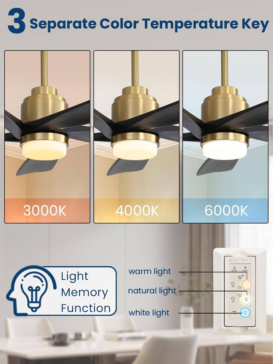 3 Separate Color Temperature Key  
3000K  
4000K  
6000K  

Light Memory Function  
warm light  
natural light  
white light