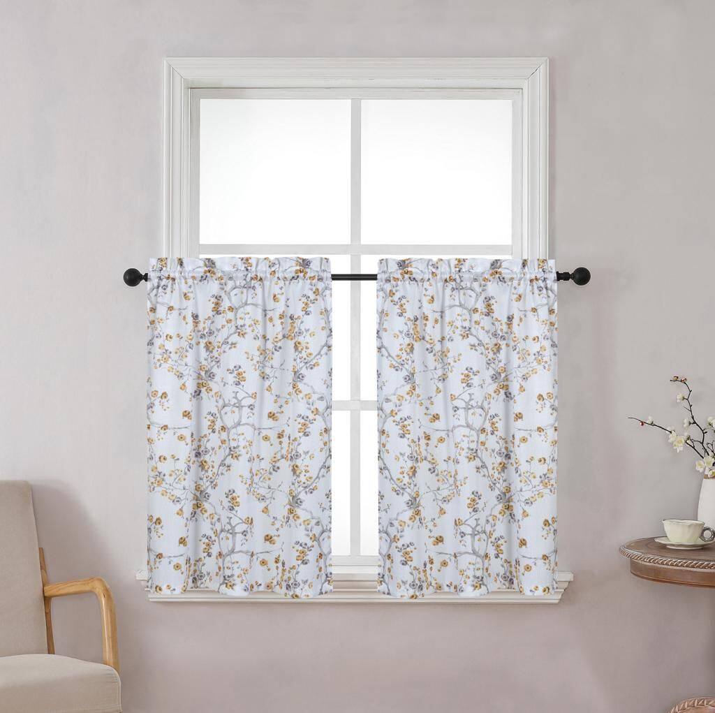 Alt View 2. Kate Aurora - Kate Aurora Complete 3 Piece Rod Pocket Cherry Blossom Cafe Kitchen Curtain Tier & Valance Set - Gold - Gold.
