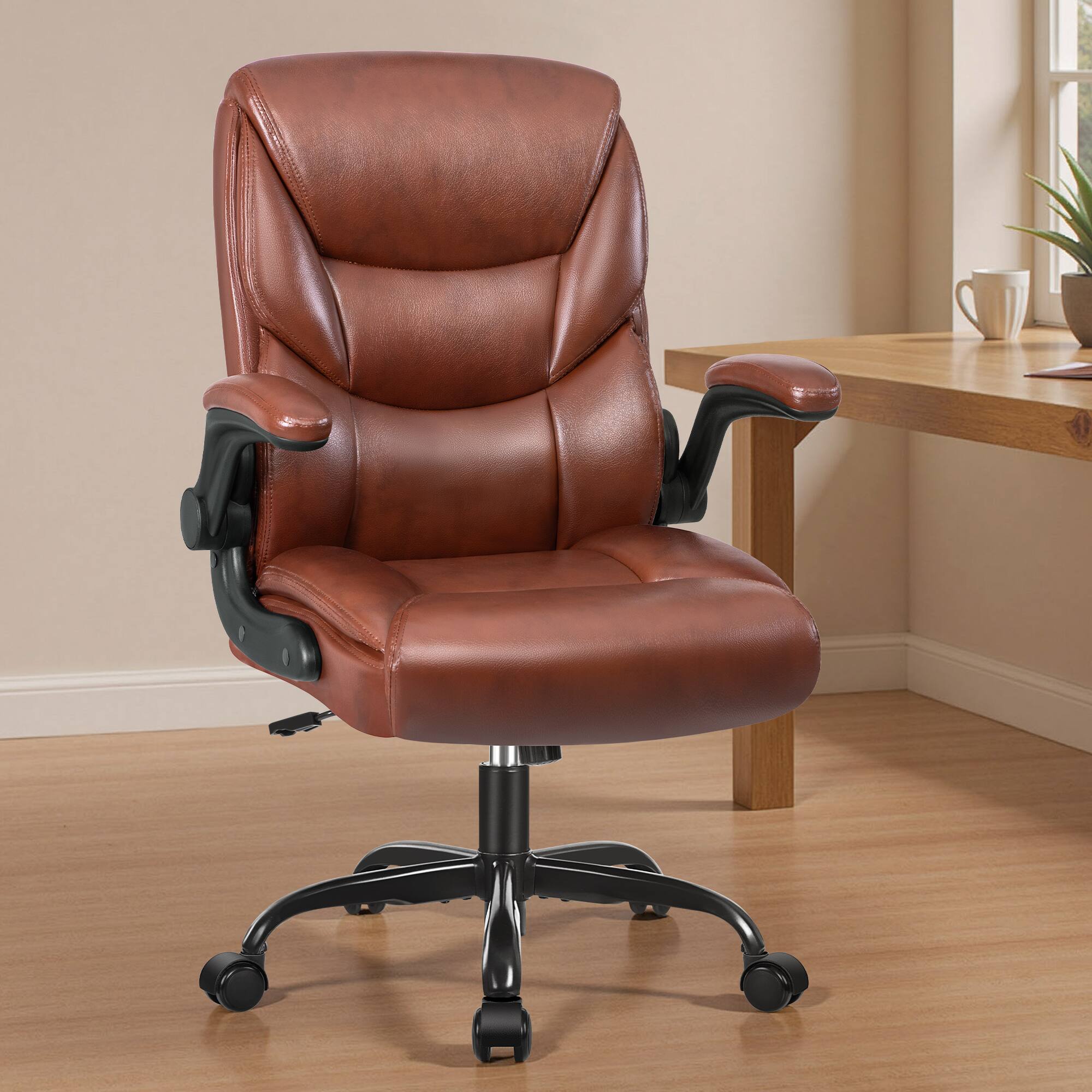Left. Brick Attic - Leather Office Chair 400LBS Wide Seat Ergonomic Desk Chair Adjustable Task Chair Lumbar Back 5 Year Warranty Brown - Brown.