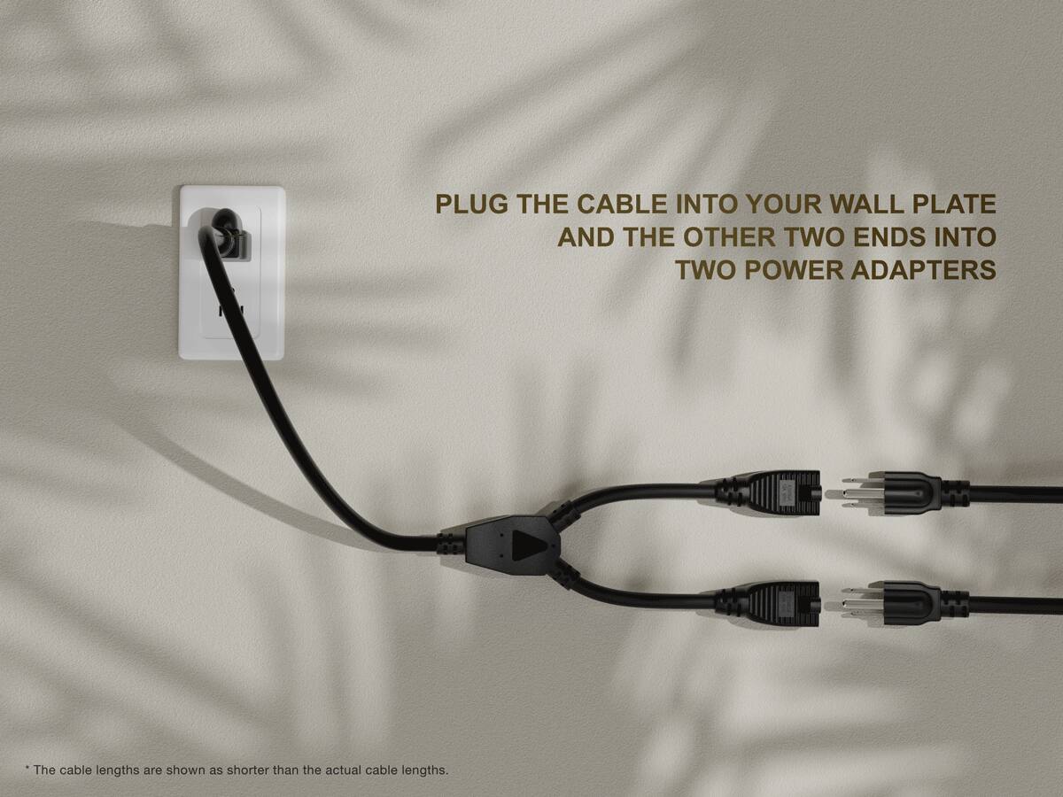 PLUG THE CABLE INTO YOUR WALL PLATE AND THE OTHER TWO ENDS INTO TWO POWER ADAPTERS

*The cable lengths are shown as shorter than the actual cable lengths.