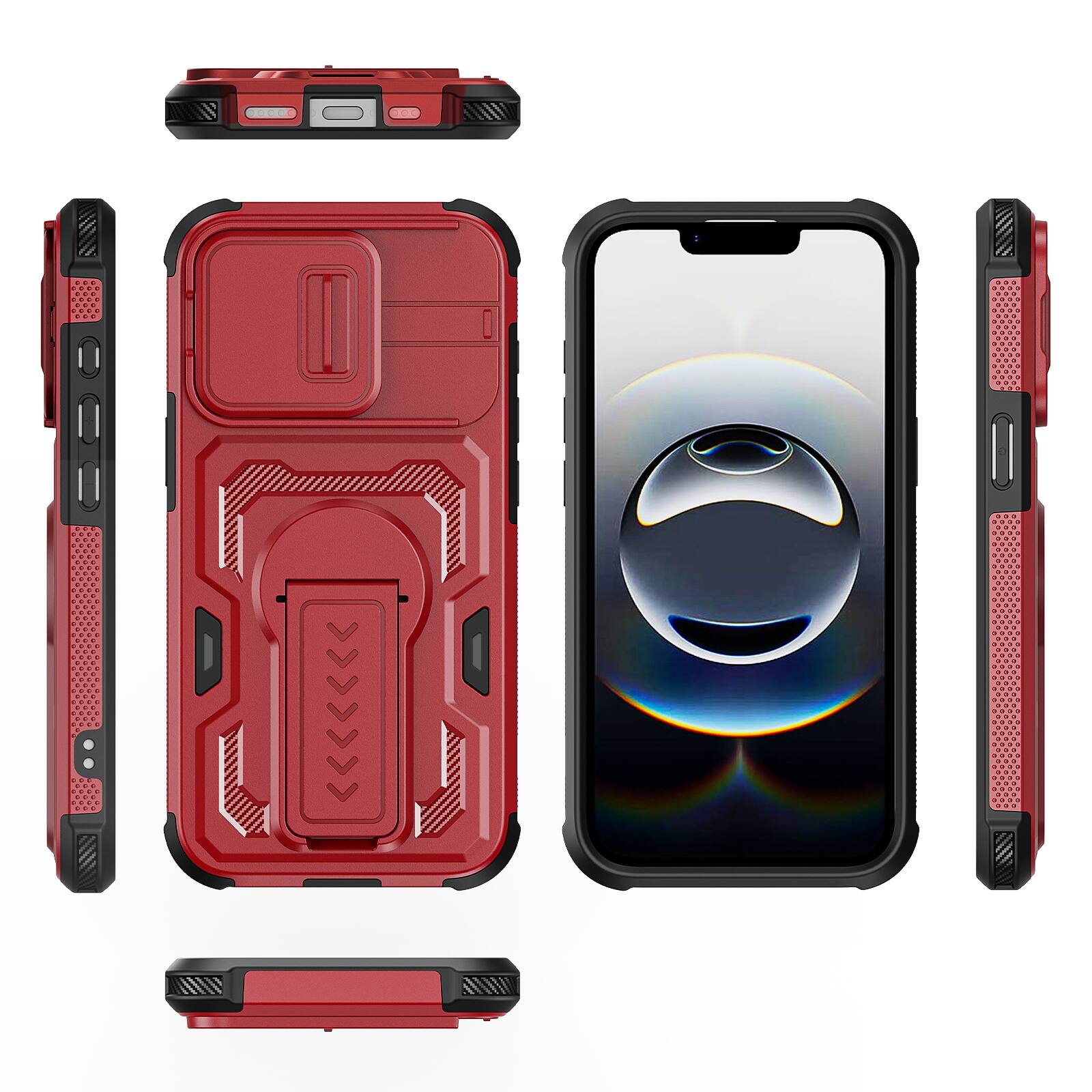 Alt View 4. Dteck - Rugged Stand Case for Apple iPhone 17e / 16e,Shockproof Heavy Duty Cover With Sliding Lens Cover+Tempered Glass Flim - Red.